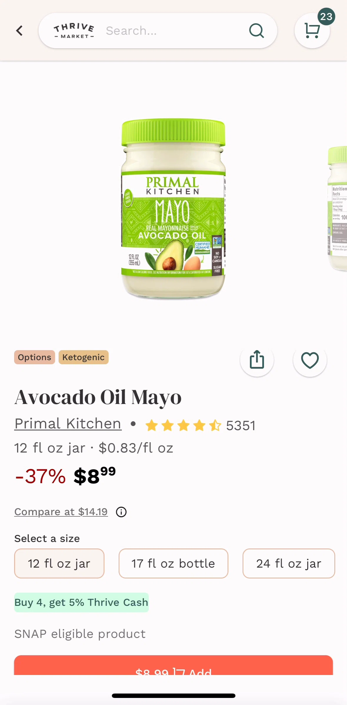 Thrive Market Screen screen in the Adding an item to favorites flow