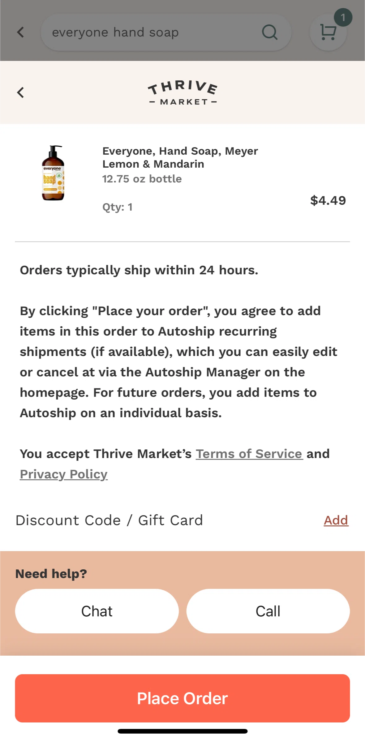 Thrive Market Screen screen in the Apply a discount code flow