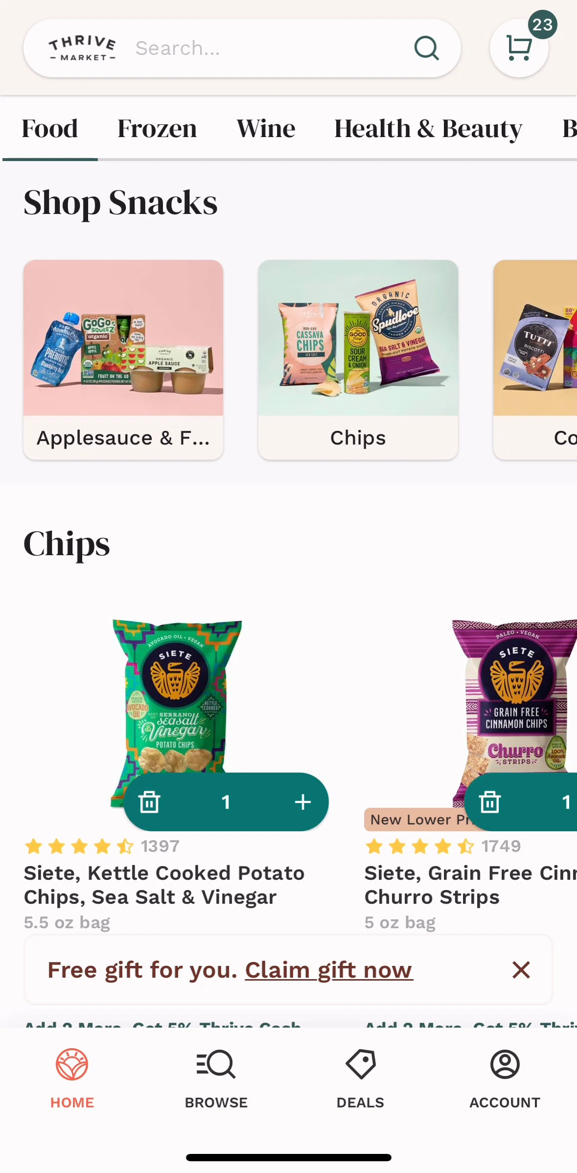 Thrive Market Screen screen in the Browse catalogue (Applesauce and fruit cups) flow