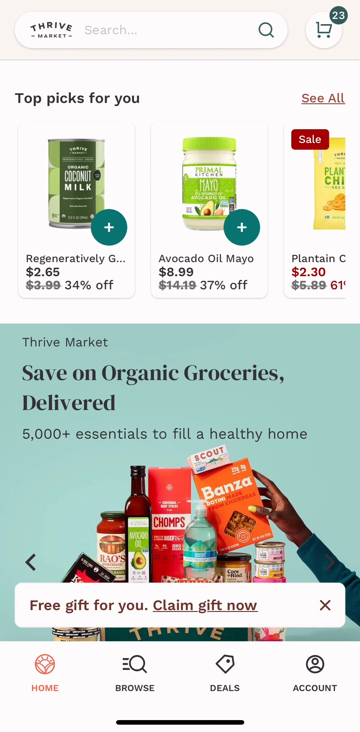 Thrive Market Screen screen in the Browse catalogue (Top picks for you) flow