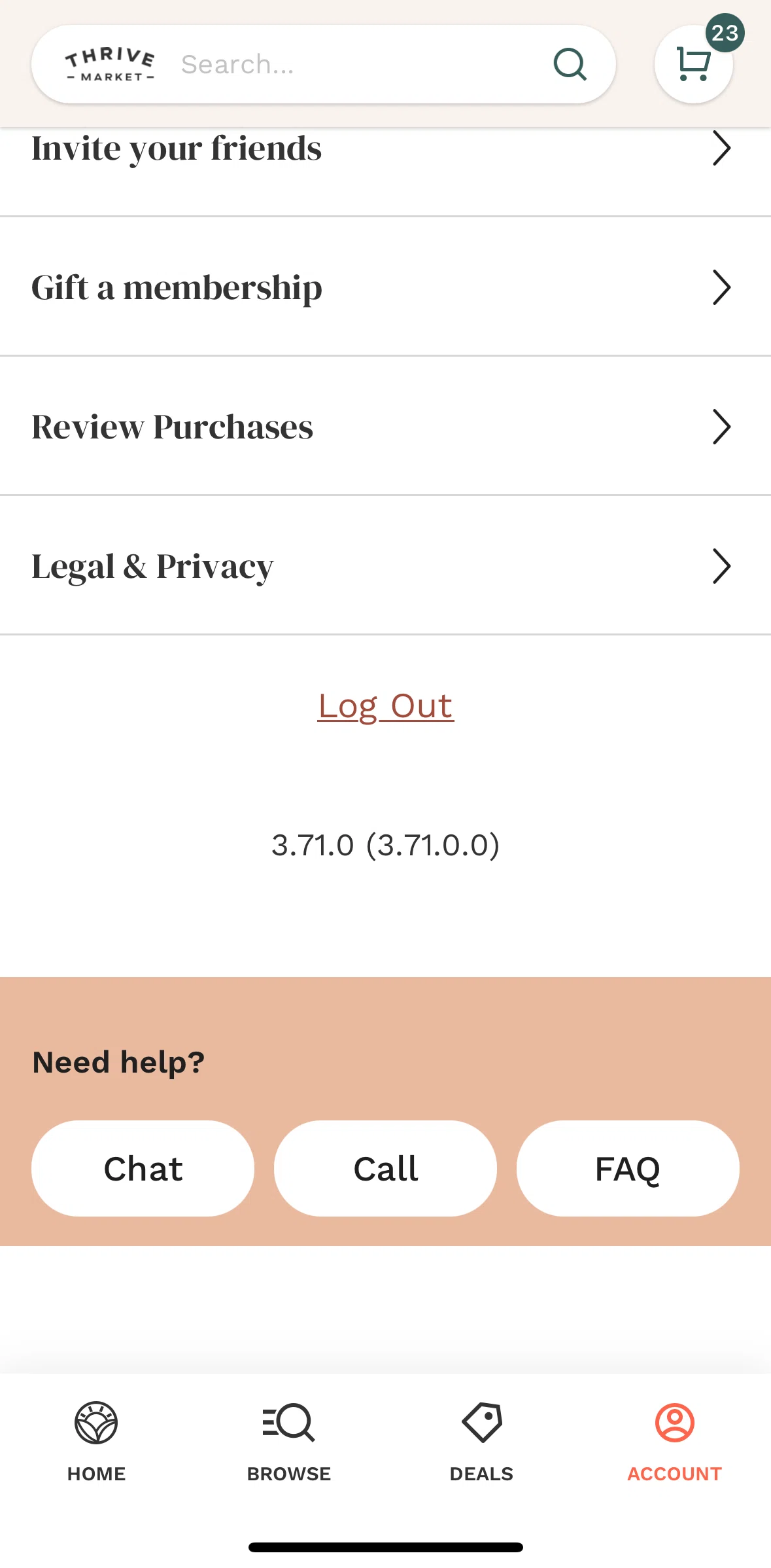 Thrive Market Screen screen in the Chatting with Thrive Market Guide flow