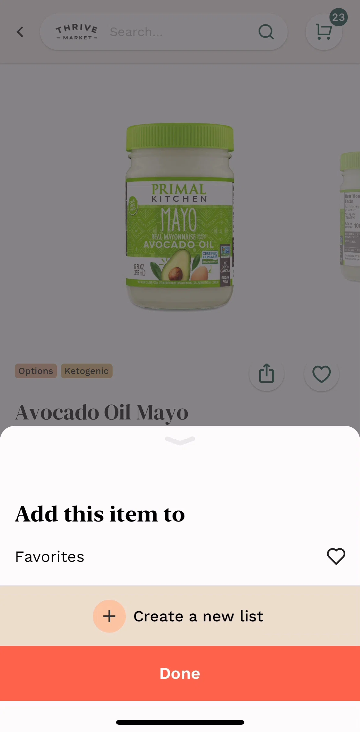 Thrive Market Screen screen in the Creating a new list flow