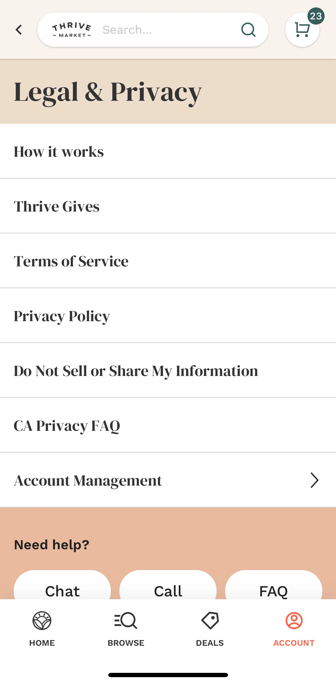 Thrive Market Screen screen in the Delete an account flow