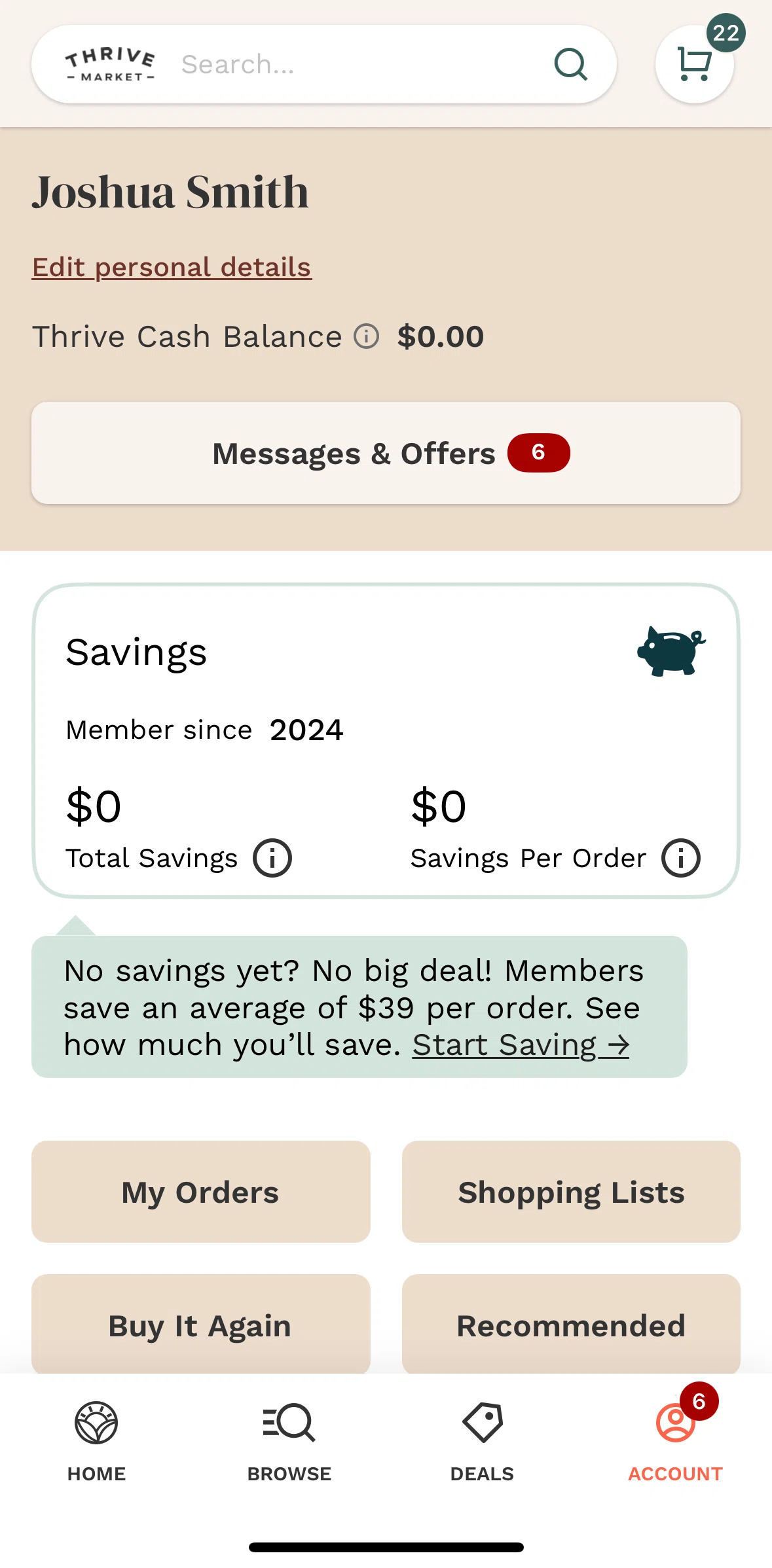 Thrive Market Screen screen in the Editing my profile flow