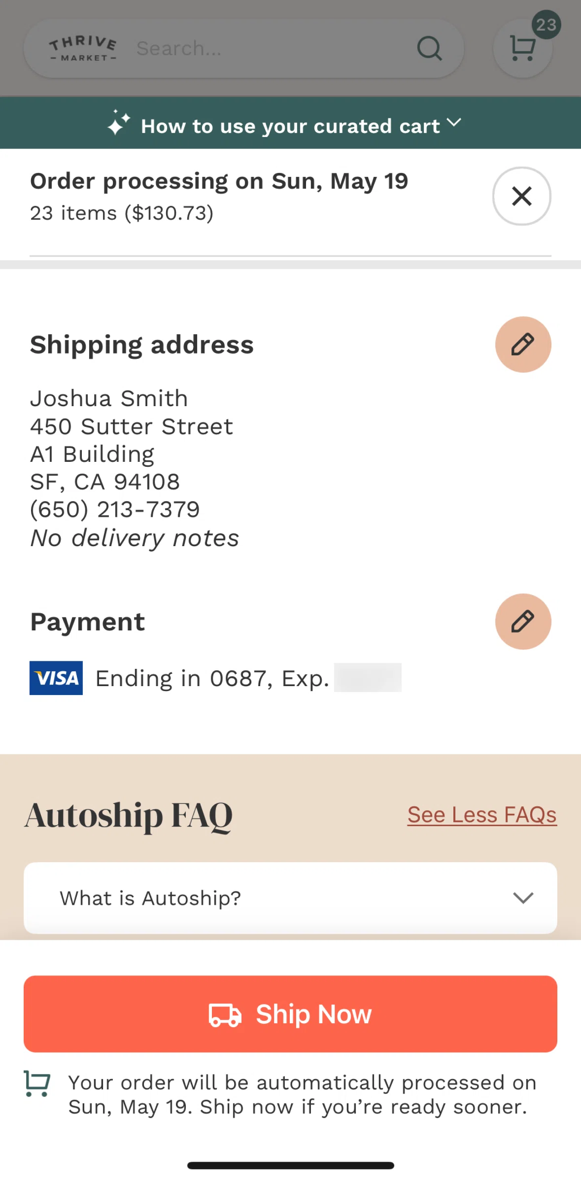 Thrive Market Screen screen in the Editing payment method flow