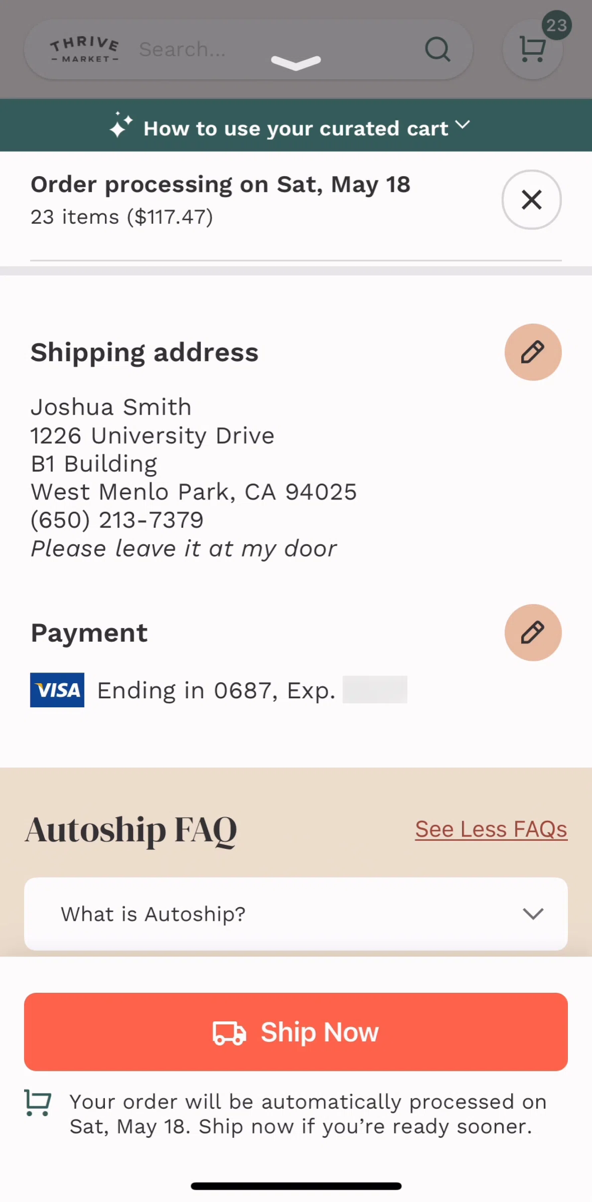 Thrive Market Screen screen in the Editing shipping address flow