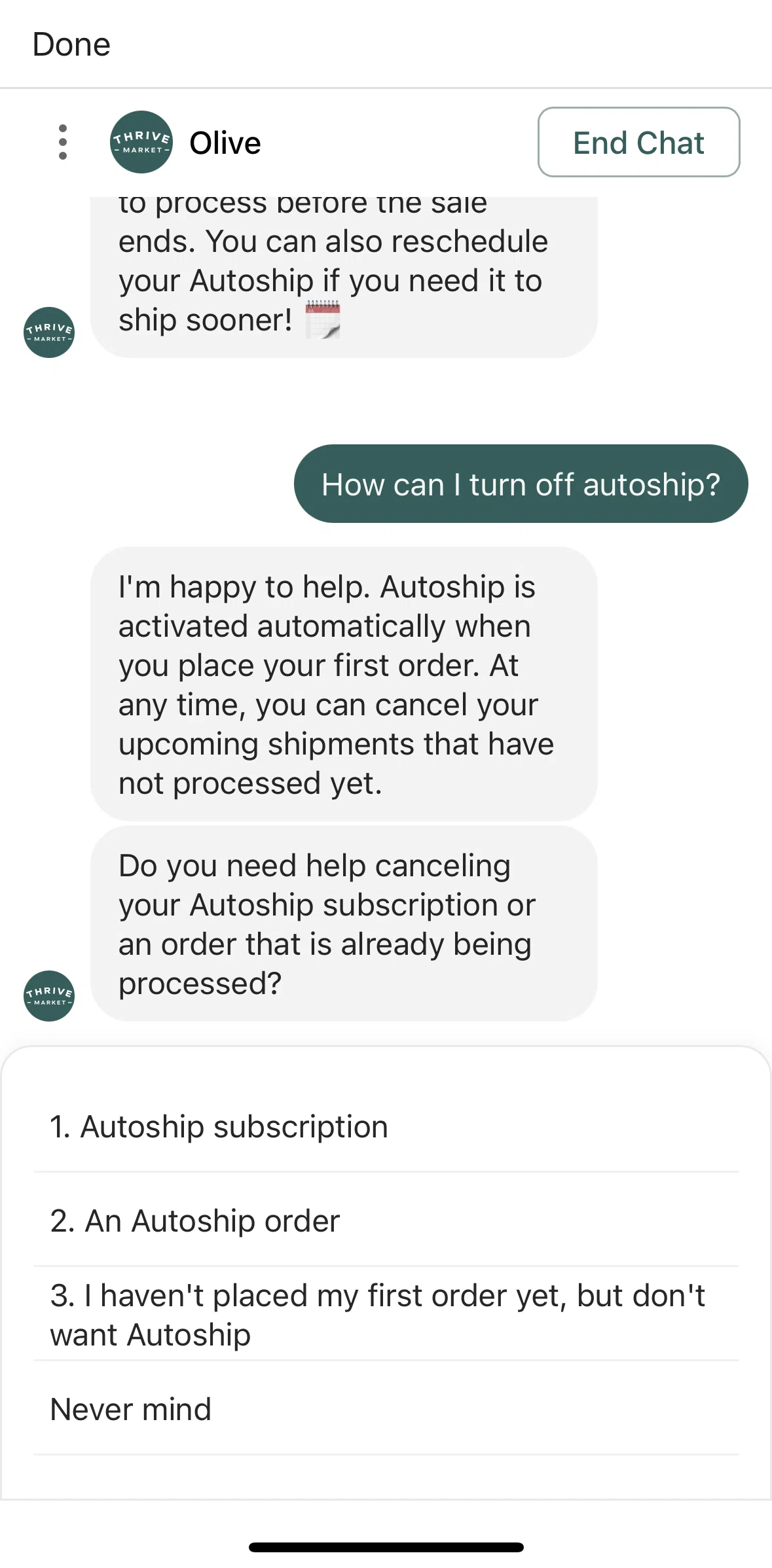 Thrive Market Screen screen in the Ending chat flow