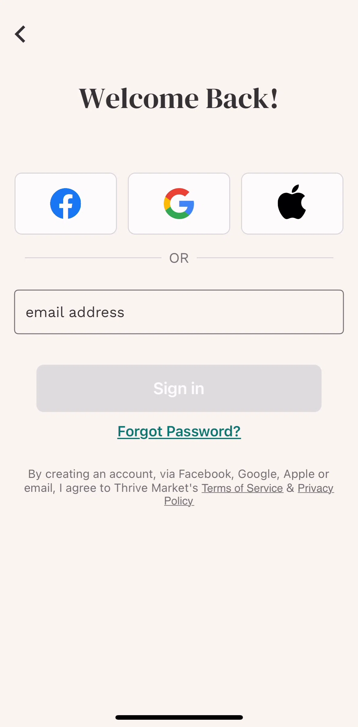 Thrive Market Screen screen in the Forgot password flow