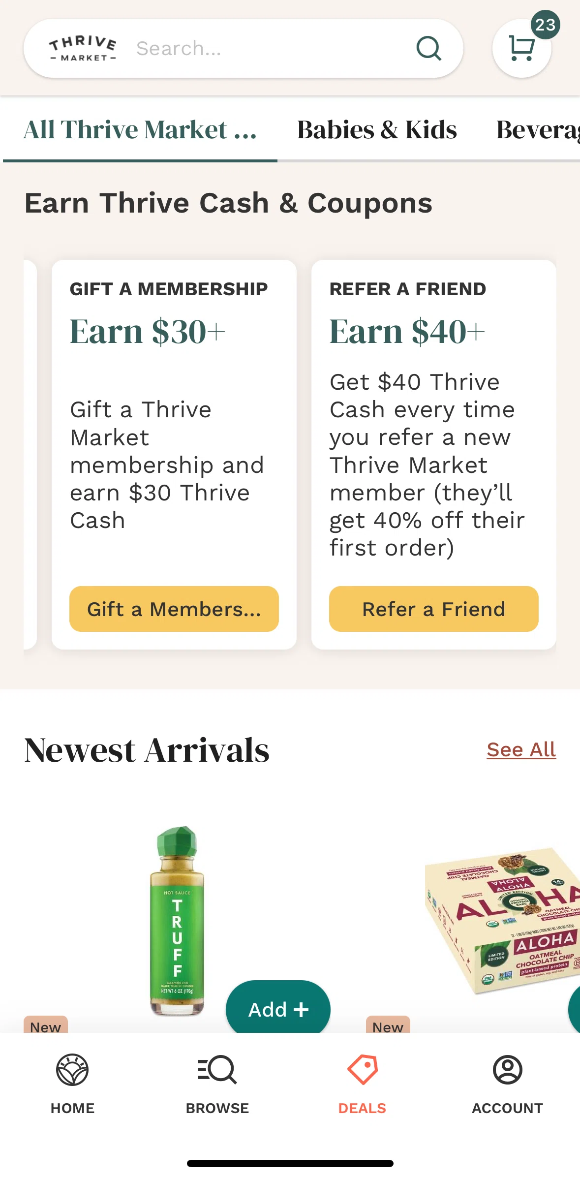 Thrive Market Screen screen in the Inviting a friend flow