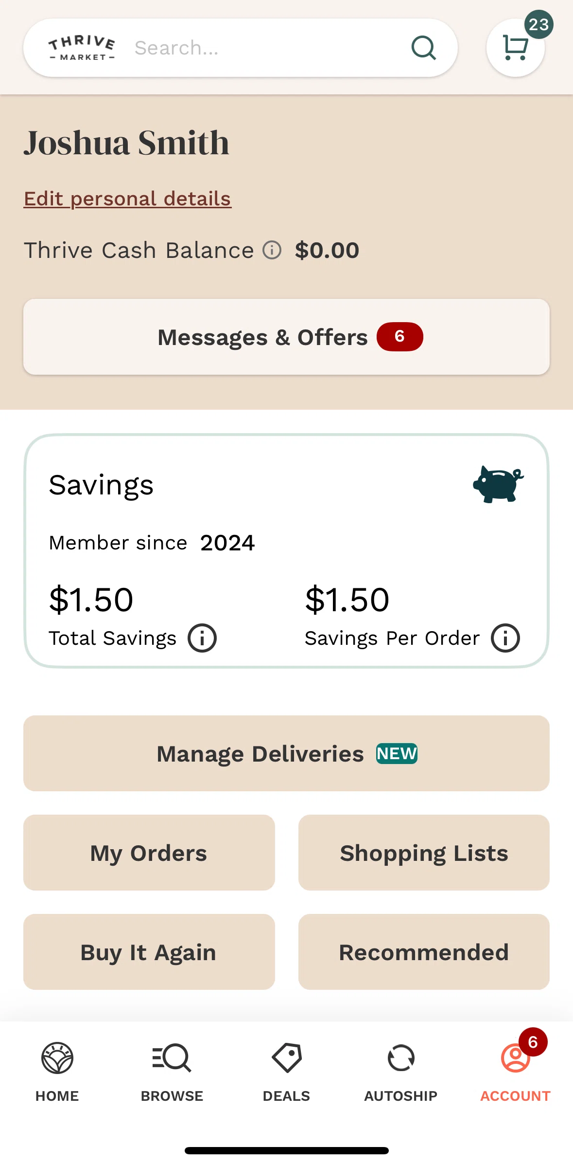 Thrive Market Screen screen in the Manage deliveries flow