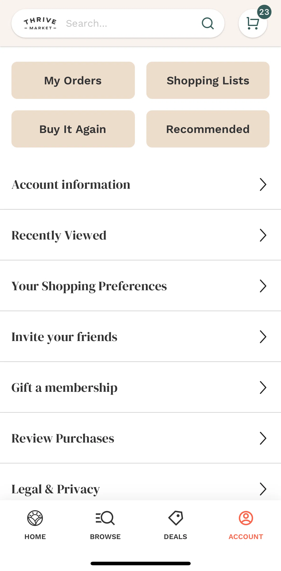 Thrive Market Screen screen in the My shopping lists flow