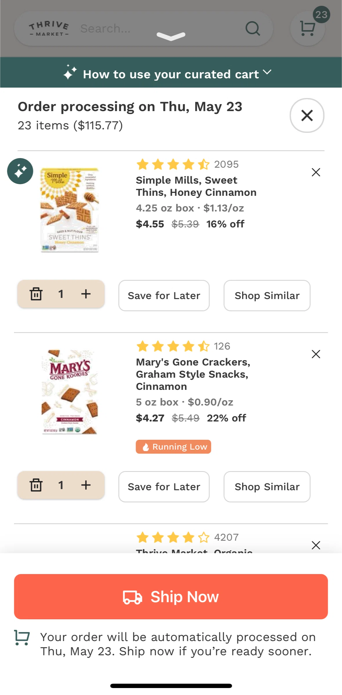 Thrive Market Screen screen in the Removing an item from cart flow