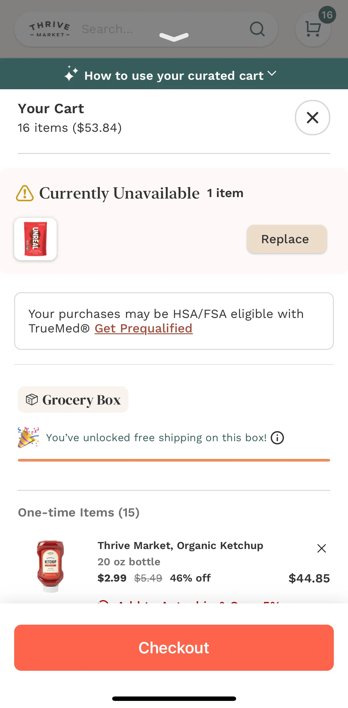 Thrive Market Screen screen in the Replacing an item flow