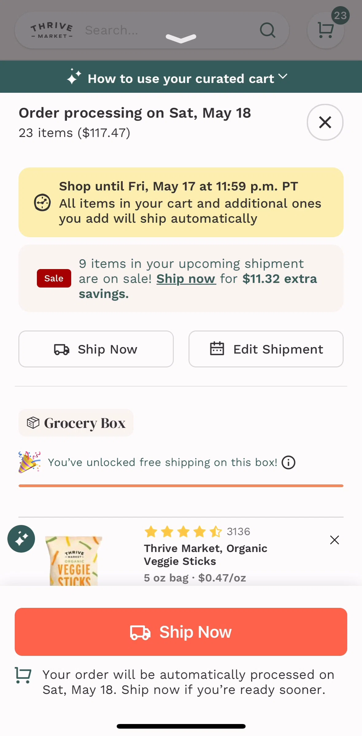 Thrive Market Screen screen in the Rescheduling a shipment flow