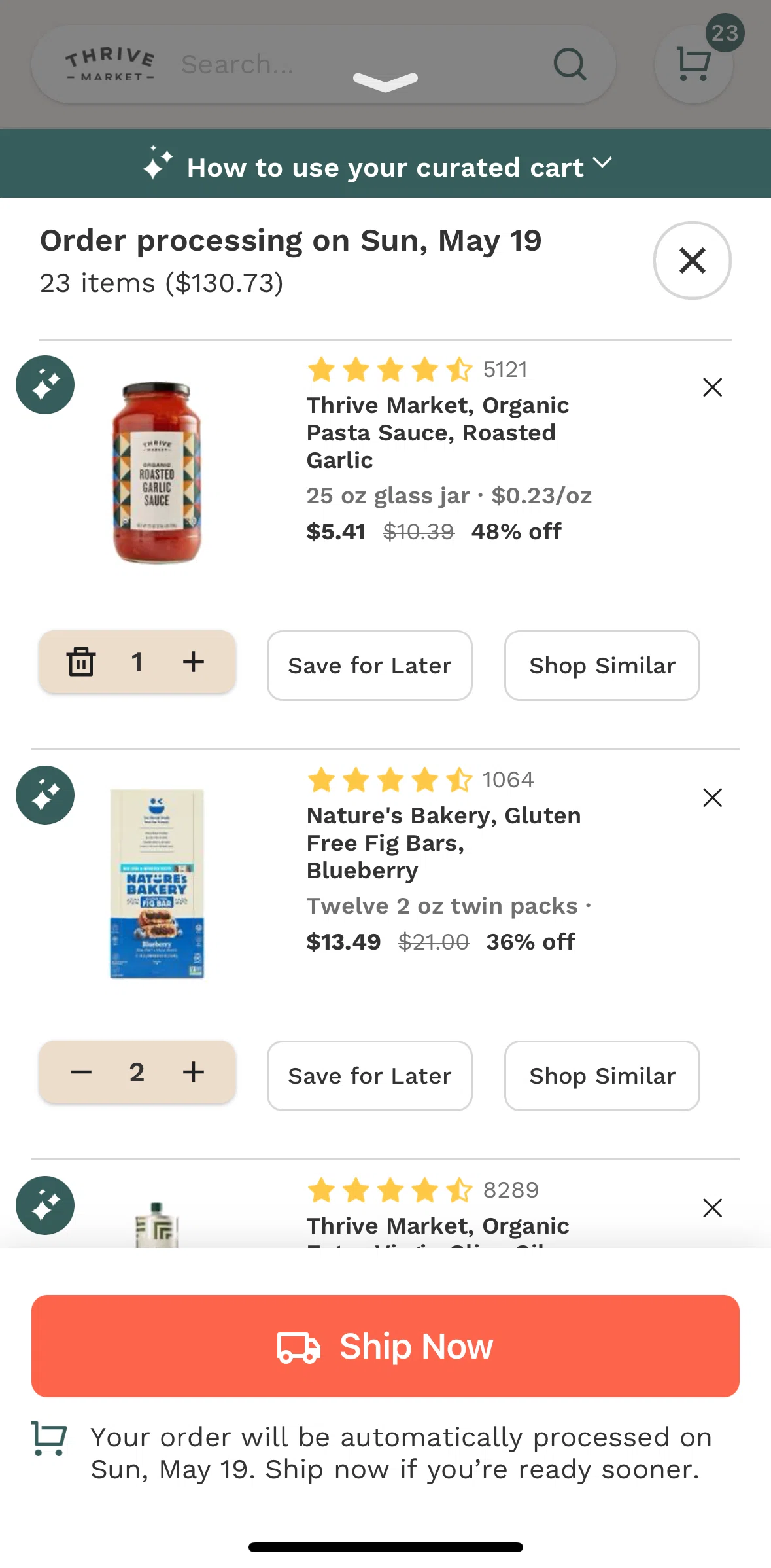 Thrive Market Screen screen in the Save an item for later flow