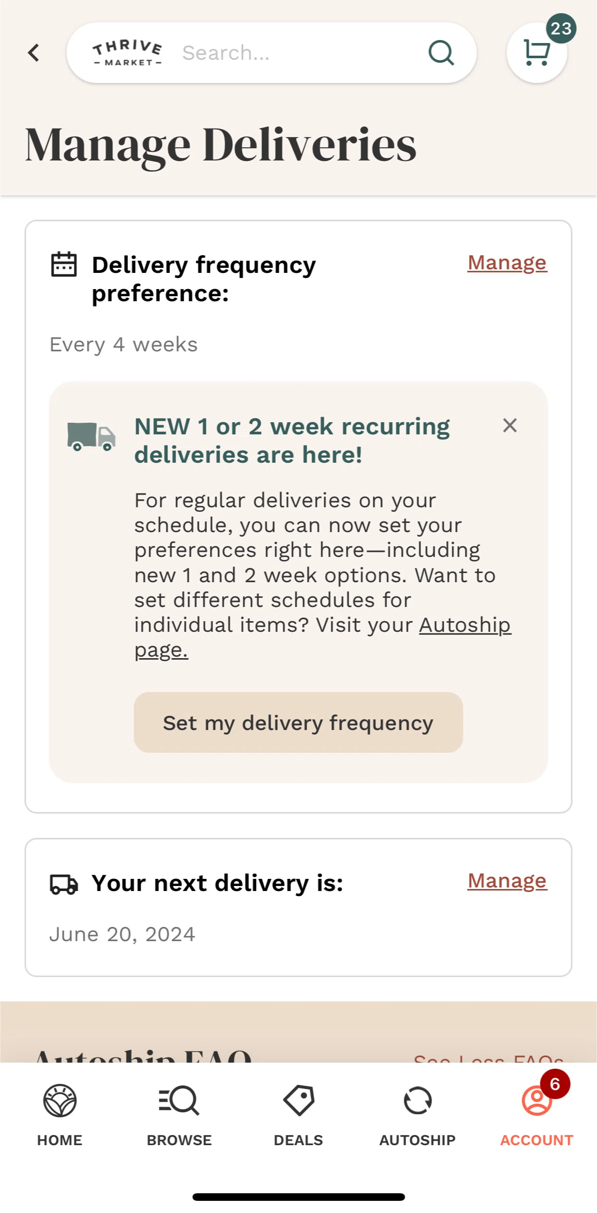 Thrive Market Screen screen in the Setting deliveries frequency flow