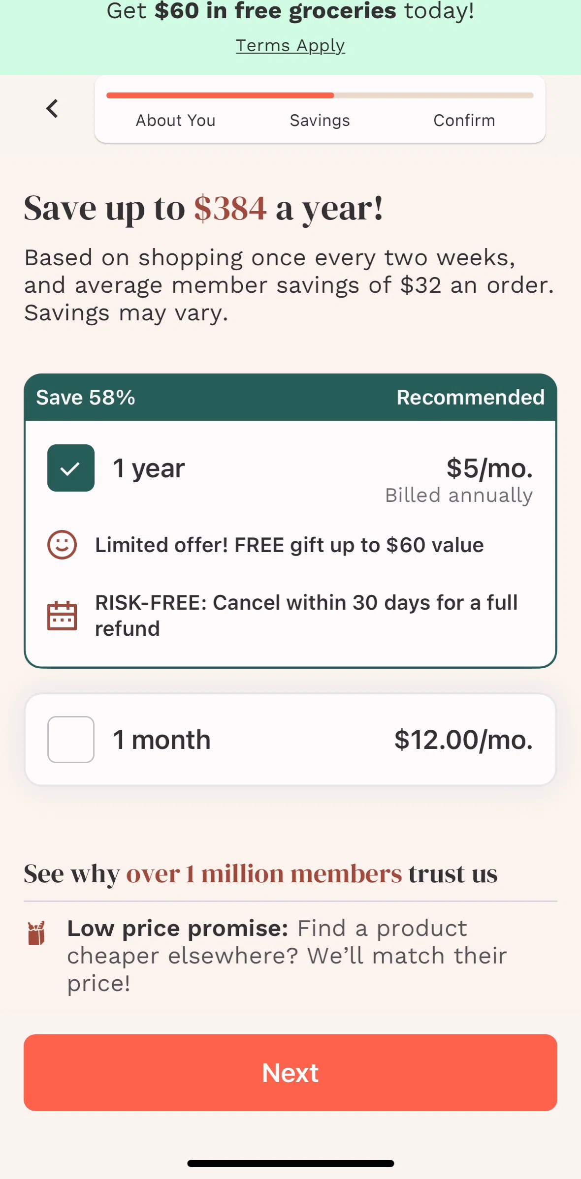 Thrive Market Screen screen in the Subscribing to Thrive Market membership flow