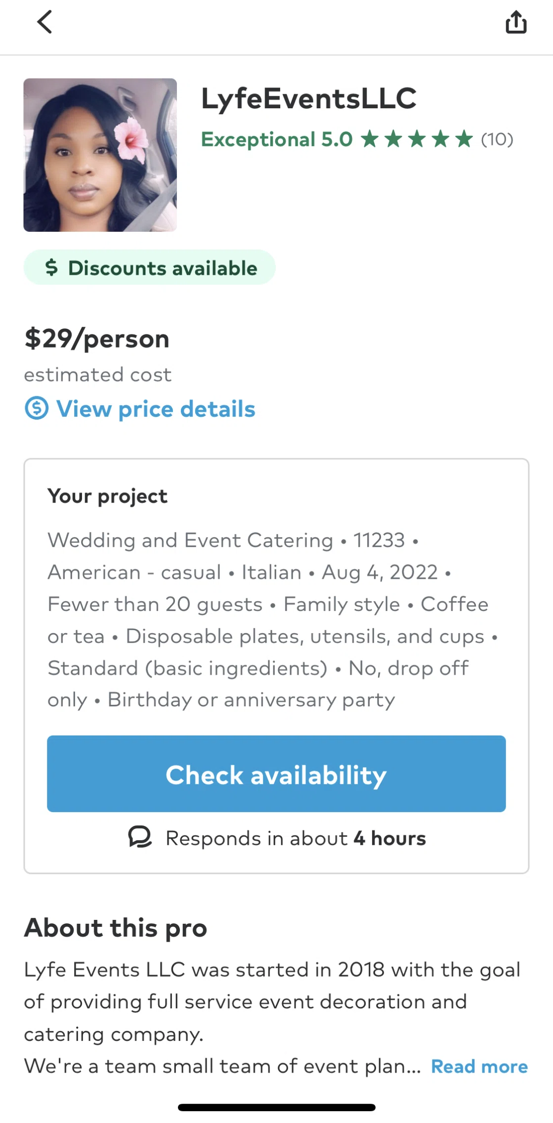 Thumbtack Screen screen in the Checking a caterer's availability flow