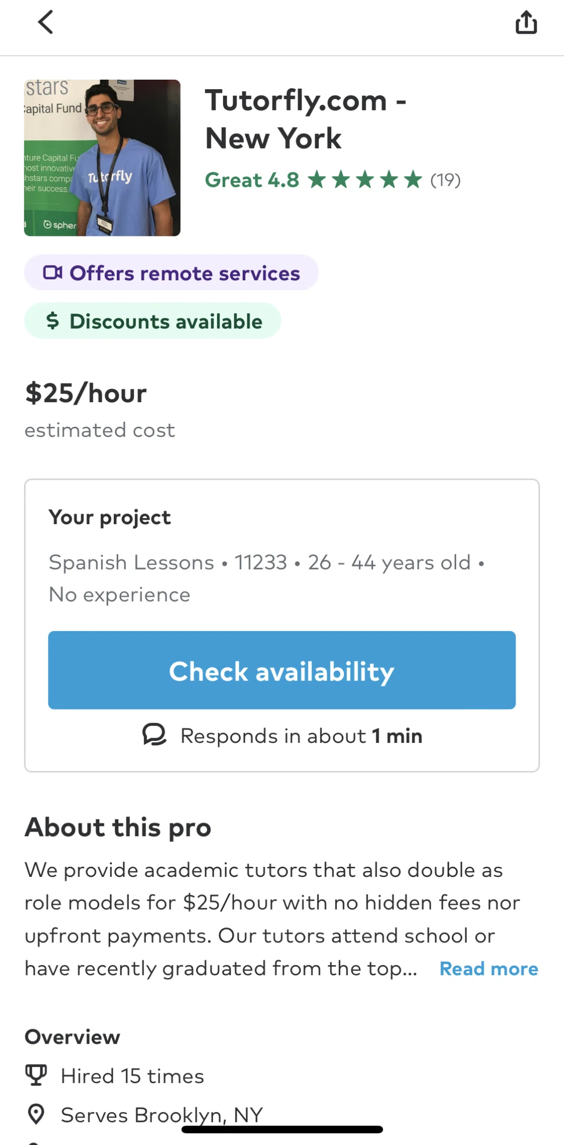 Thumbtack Screen screen in the Checking tutor's availability flow