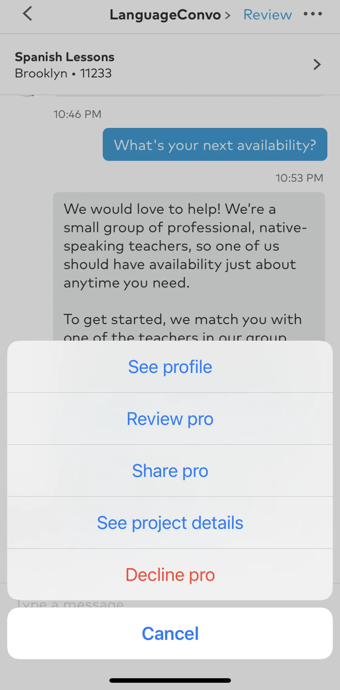 Thumbtack Screen screen in the Declining a pro flow