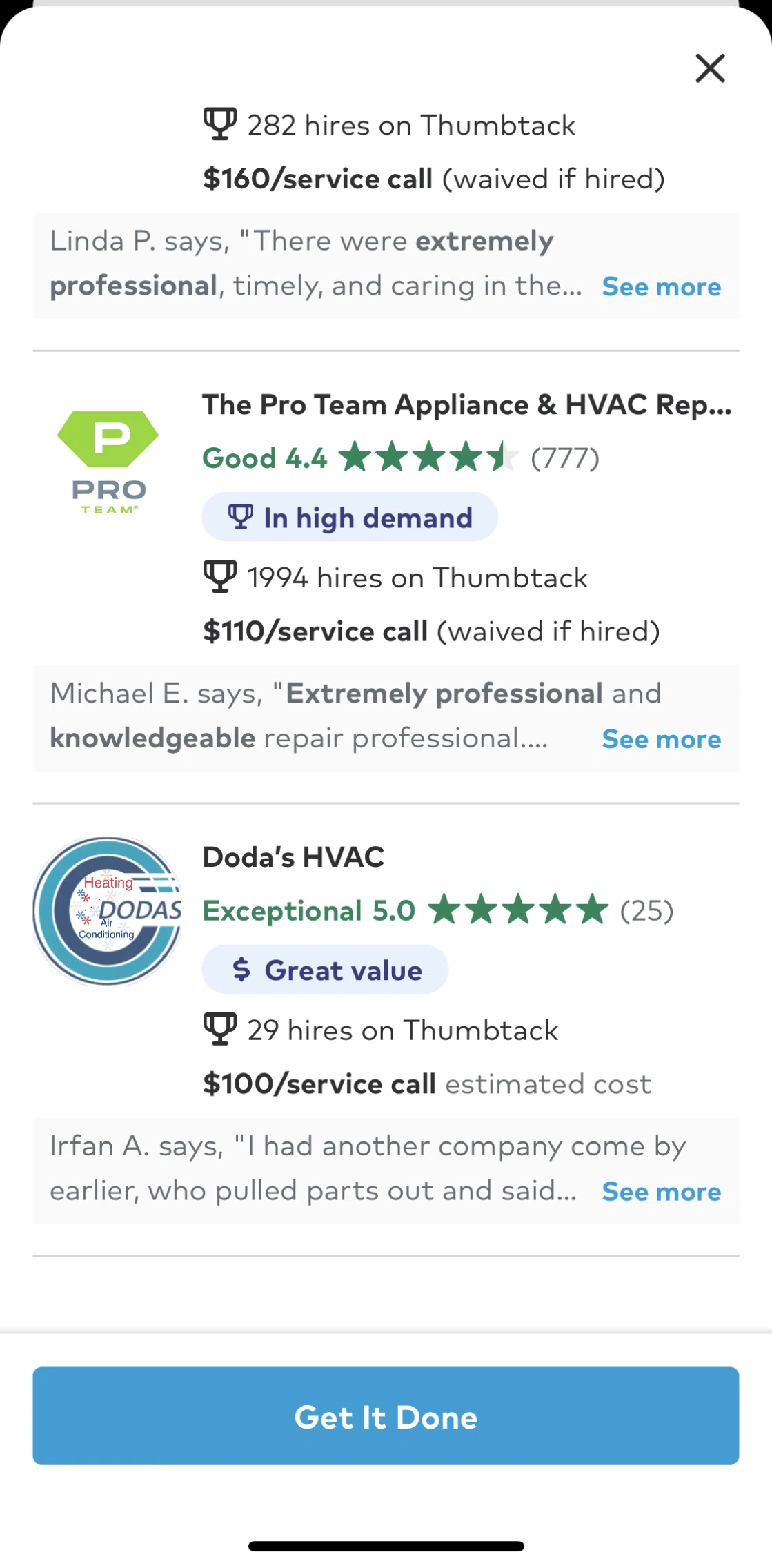 Thumbtack Screen screen in the Filtering AC services flow