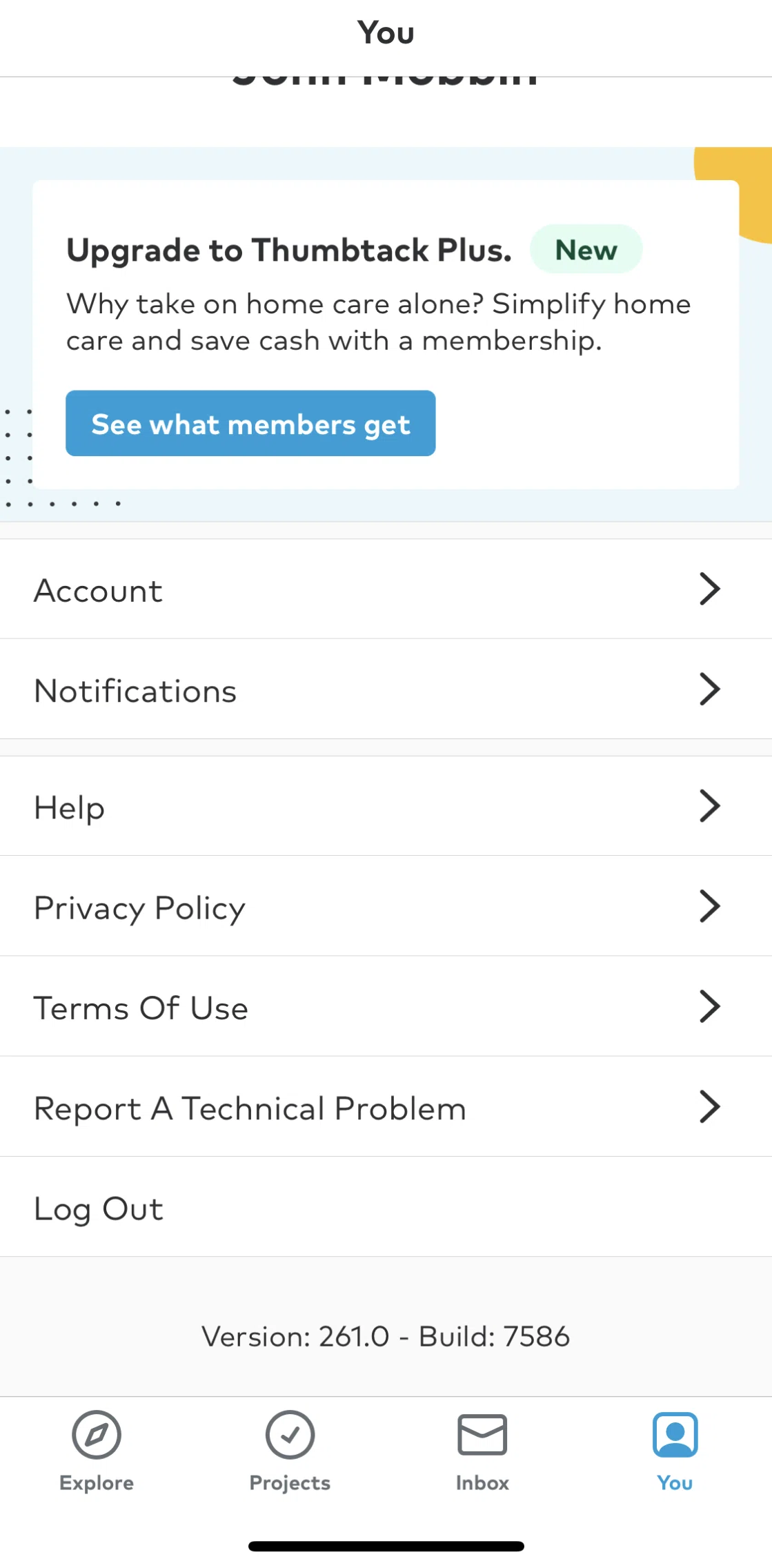 Thumbtack Screen screen in the Logging out flow