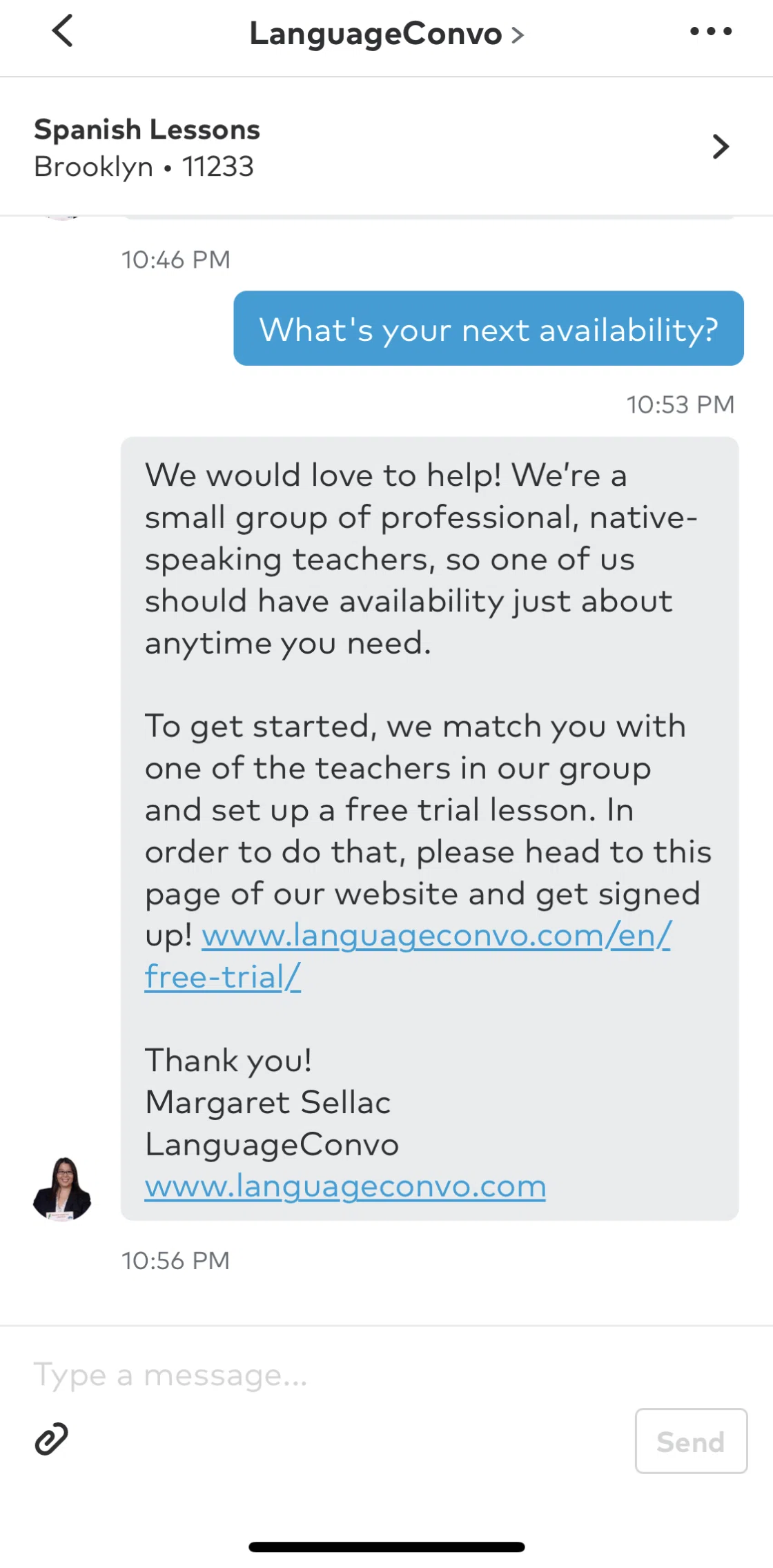 Thumbtack Screen screen in the Message action option flow