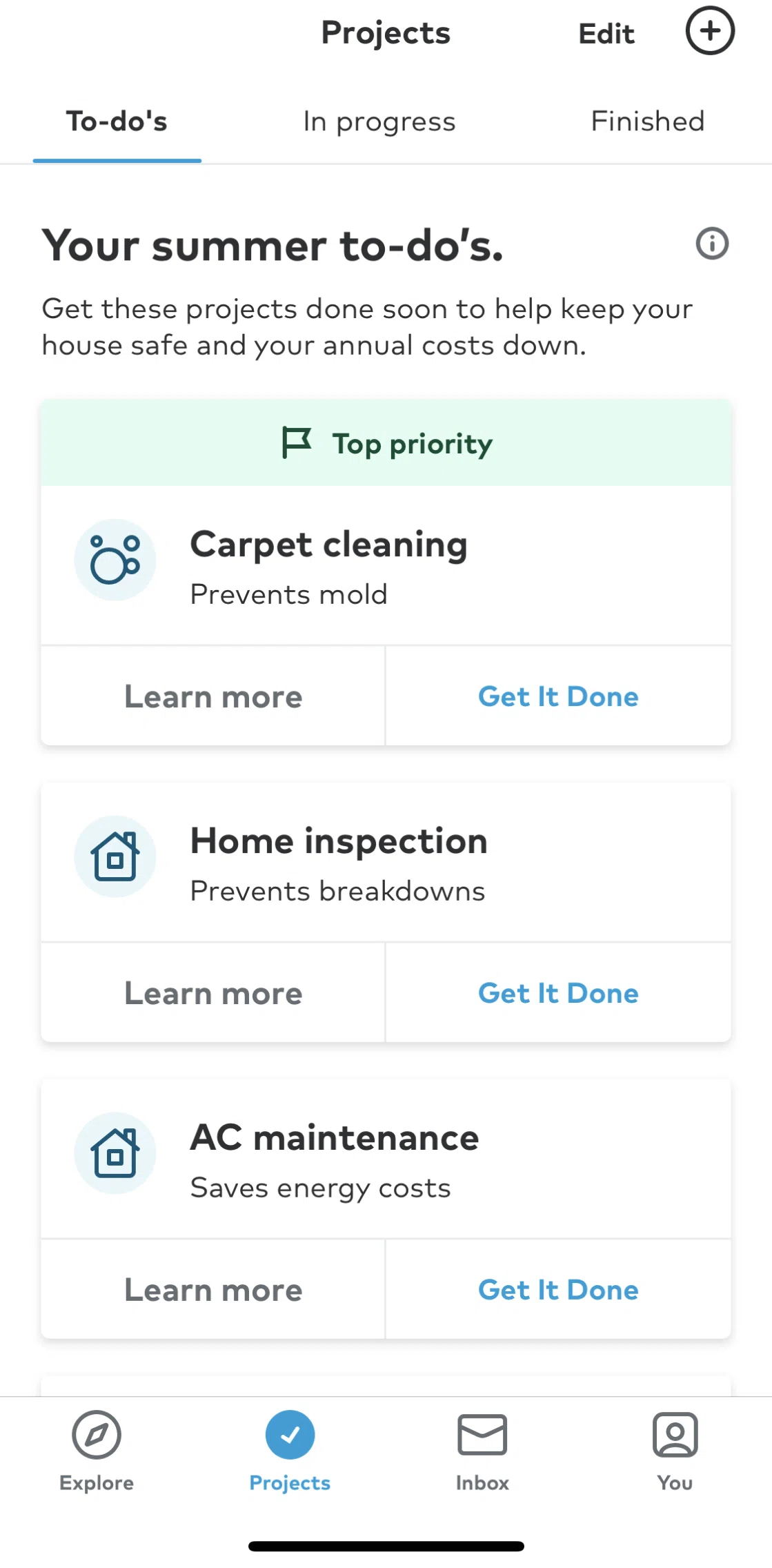 Thumbtack Screen screen in the Projects flow