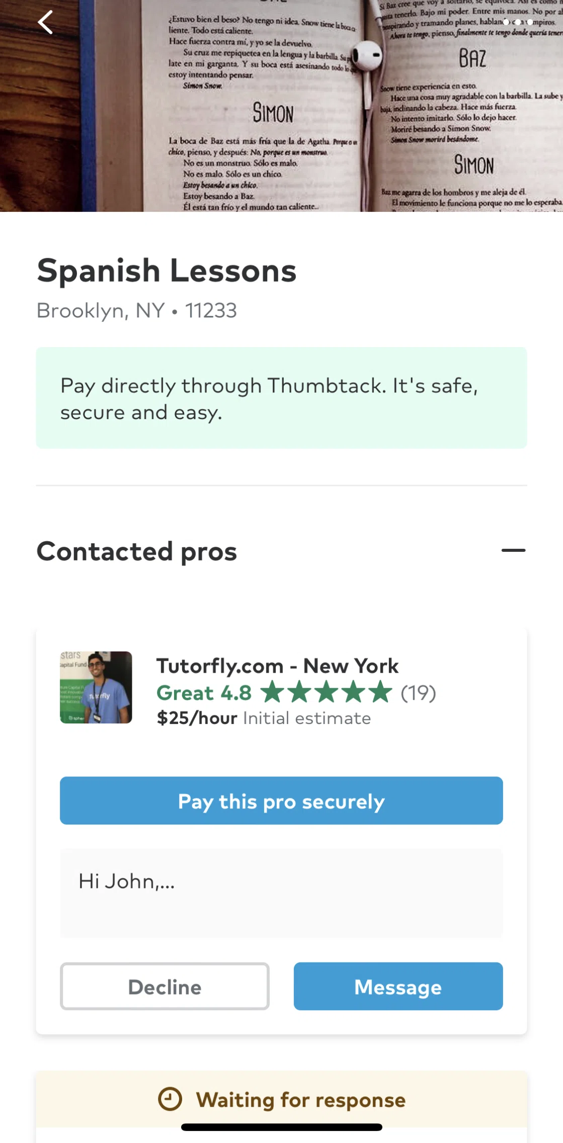 Thumbtack Screen screen in the Sending a payment flow