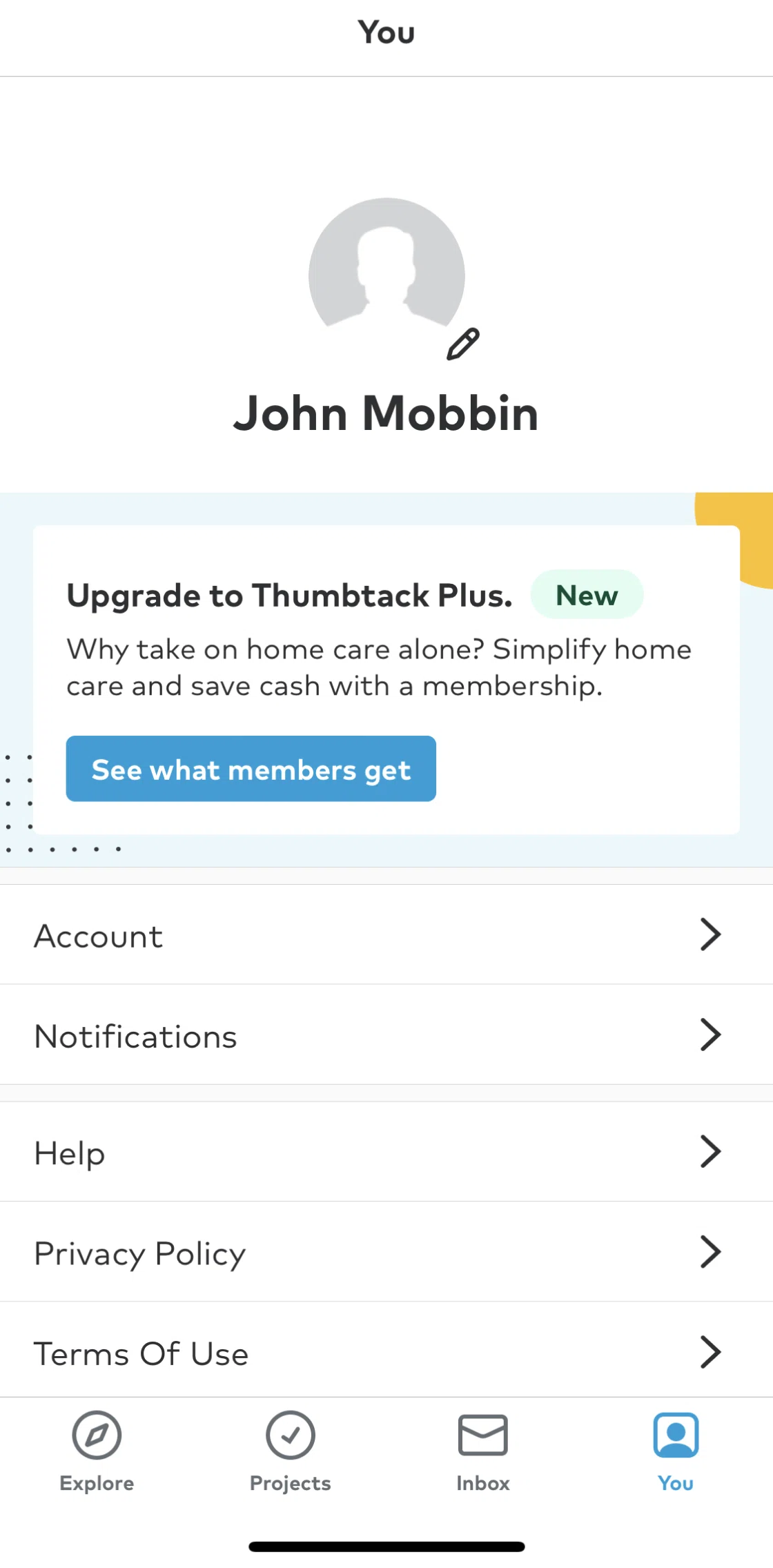 Thumbtack Screen screen in the Terms of use flow