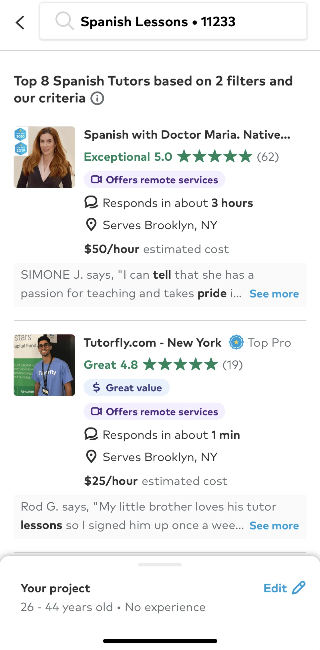 Thumbtack Screen screen in the Tutor detail flow