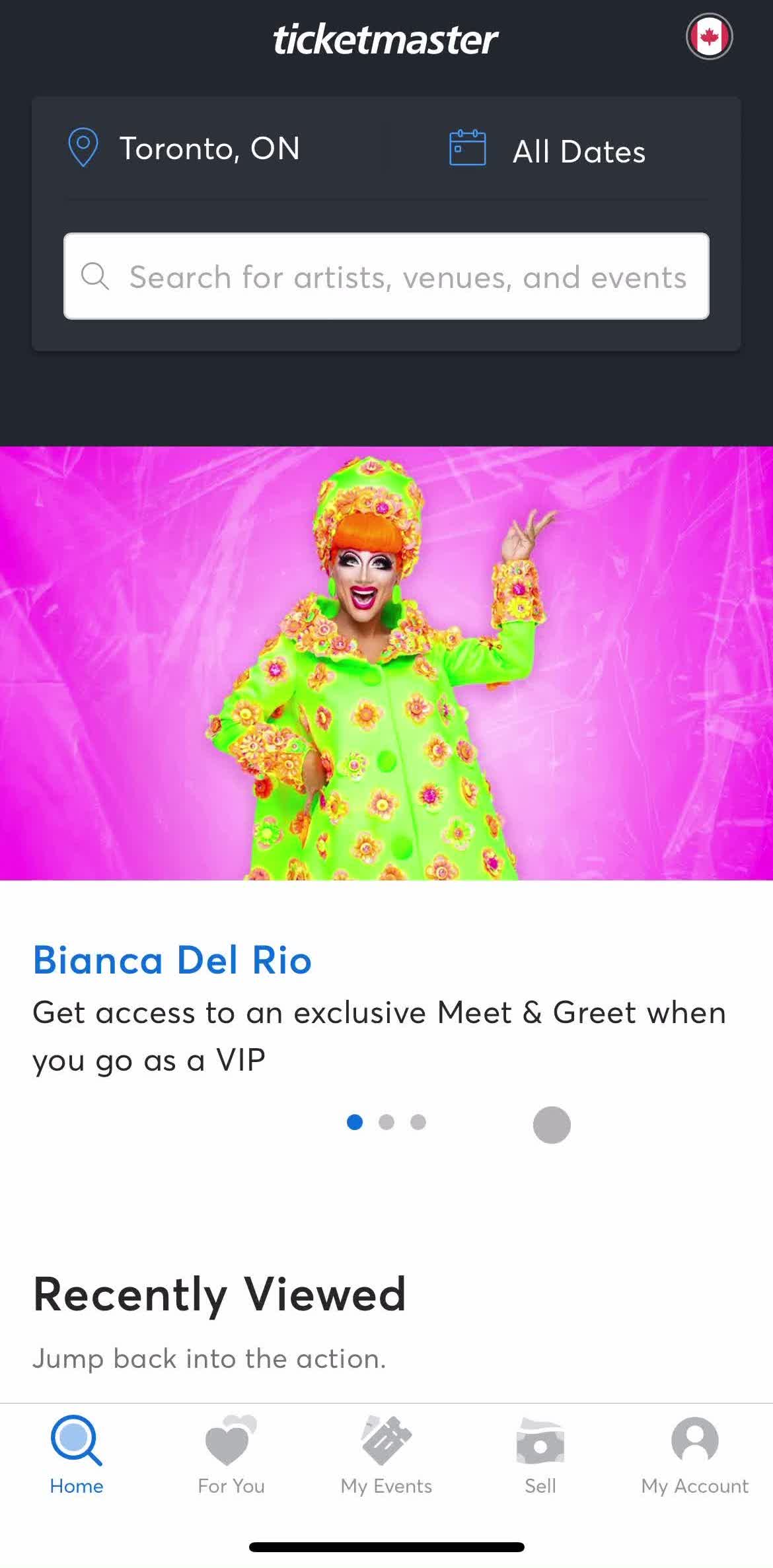 Ticketmaster Home screen in the Adding Payment Details flow