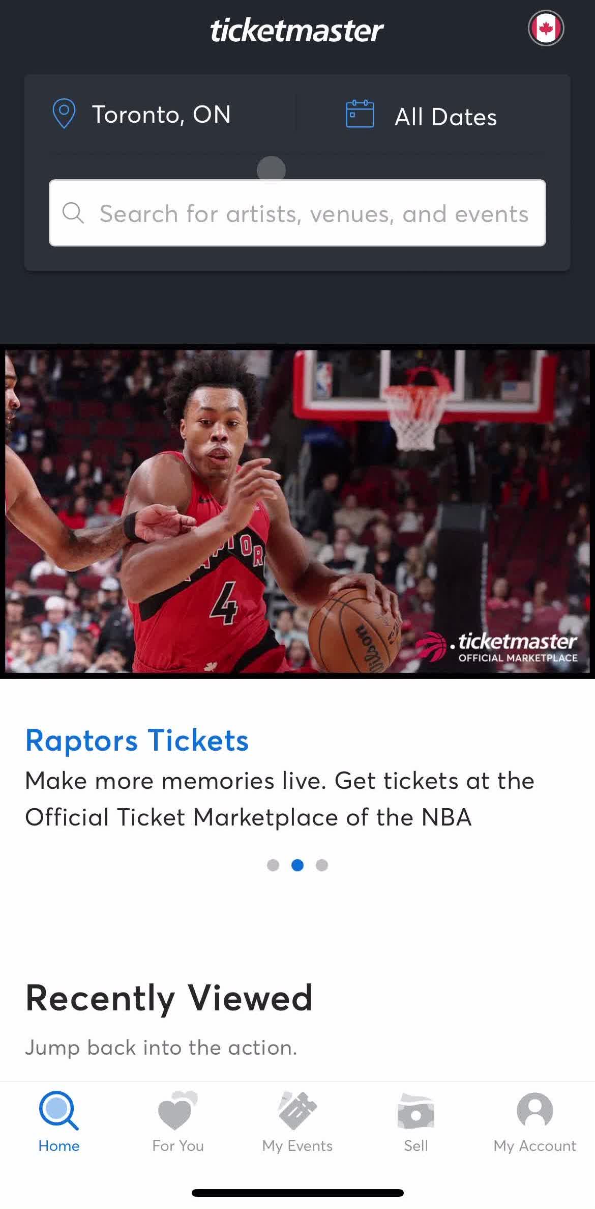 Ticketmaster Home screen in the General Browsing flow