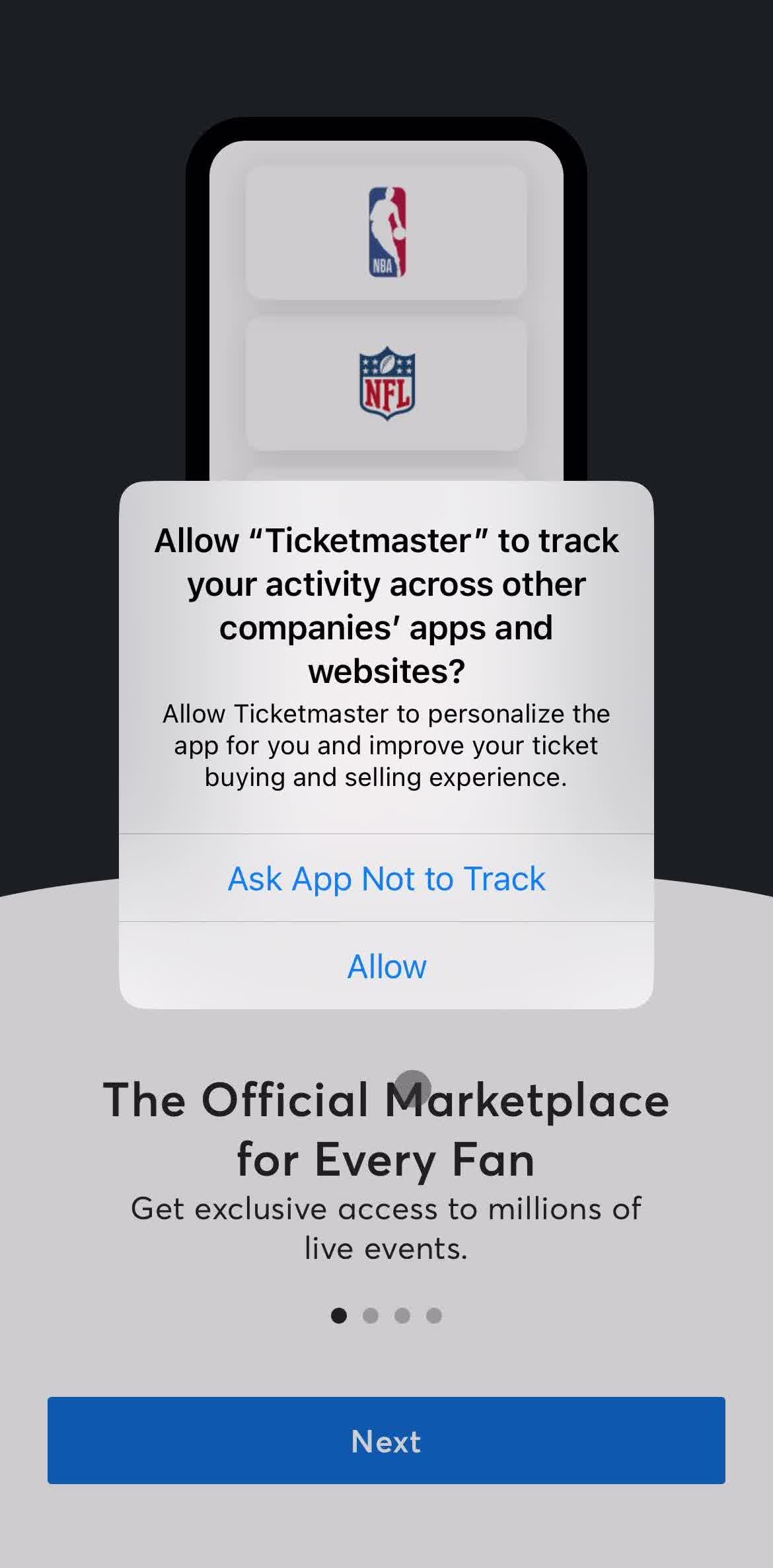 Ticketmaster Enable tracking screen in the Onboarding flow