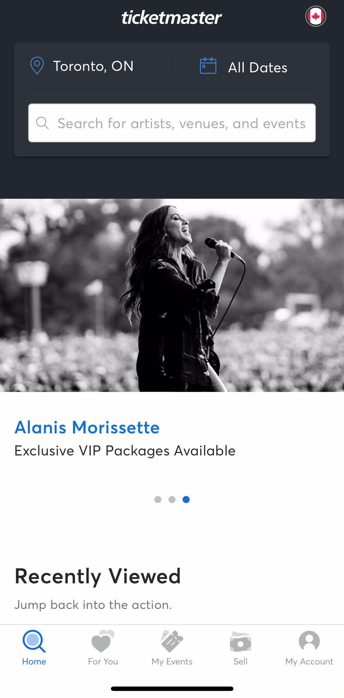 Ticketmaster Home screen in the Saving flow