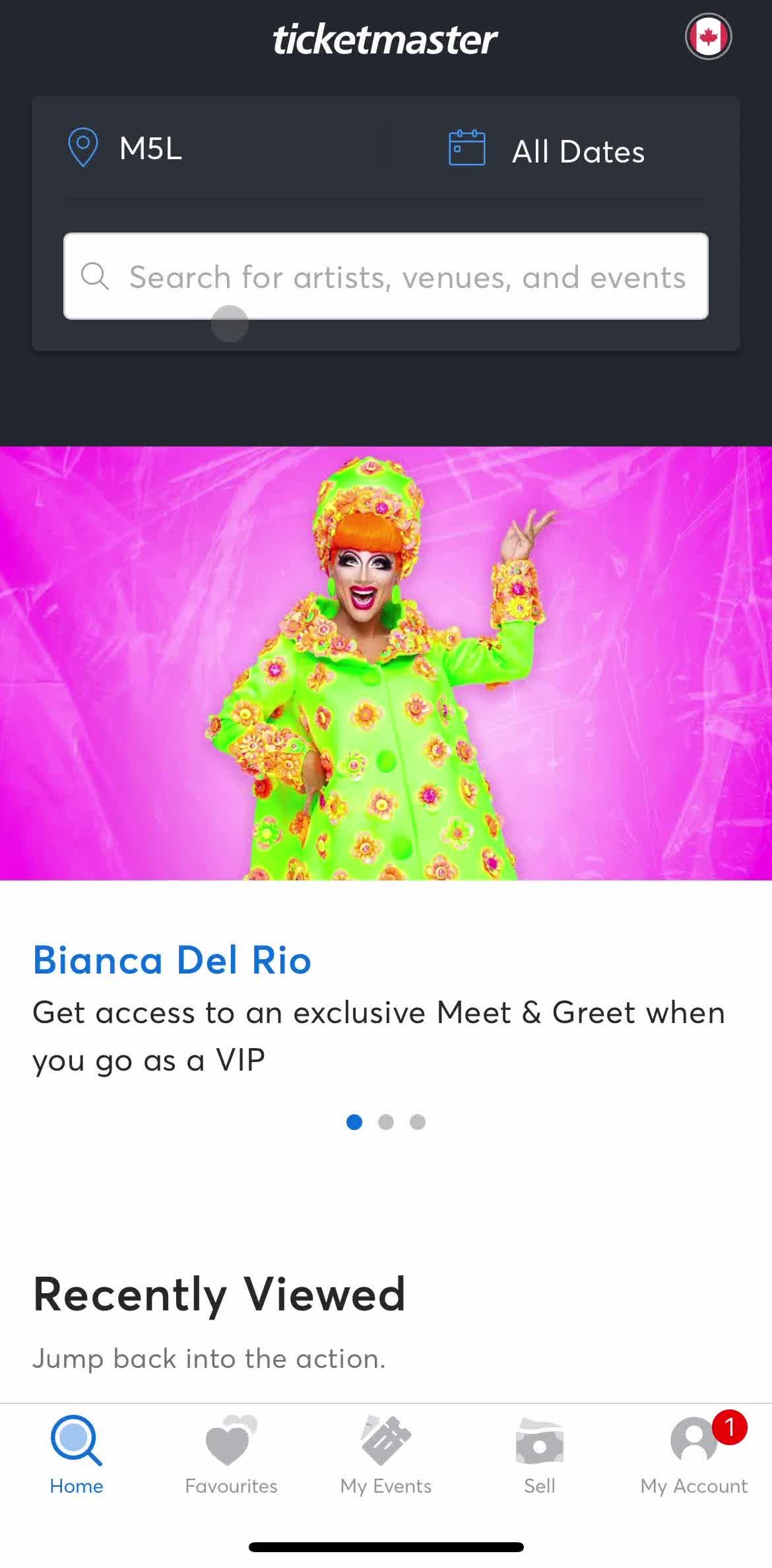 Ticketmaster Home screen in the Searching flow