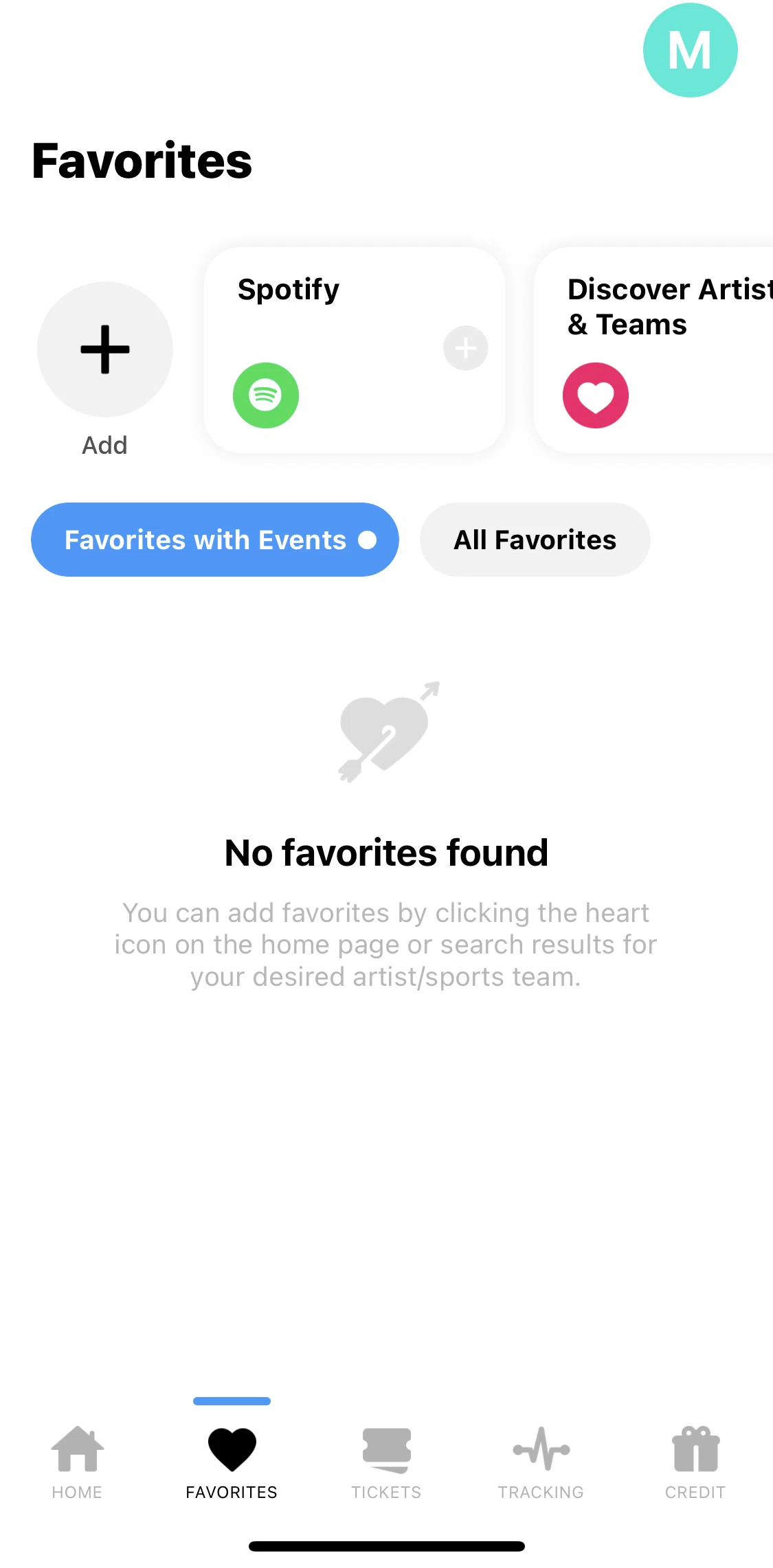 TickPick Screen screen in the Favorites flow