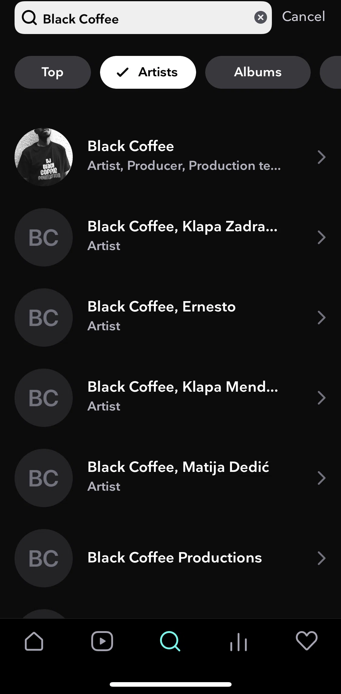 TIDAL Screen screen in the Artist detail (Black Coffee) flow