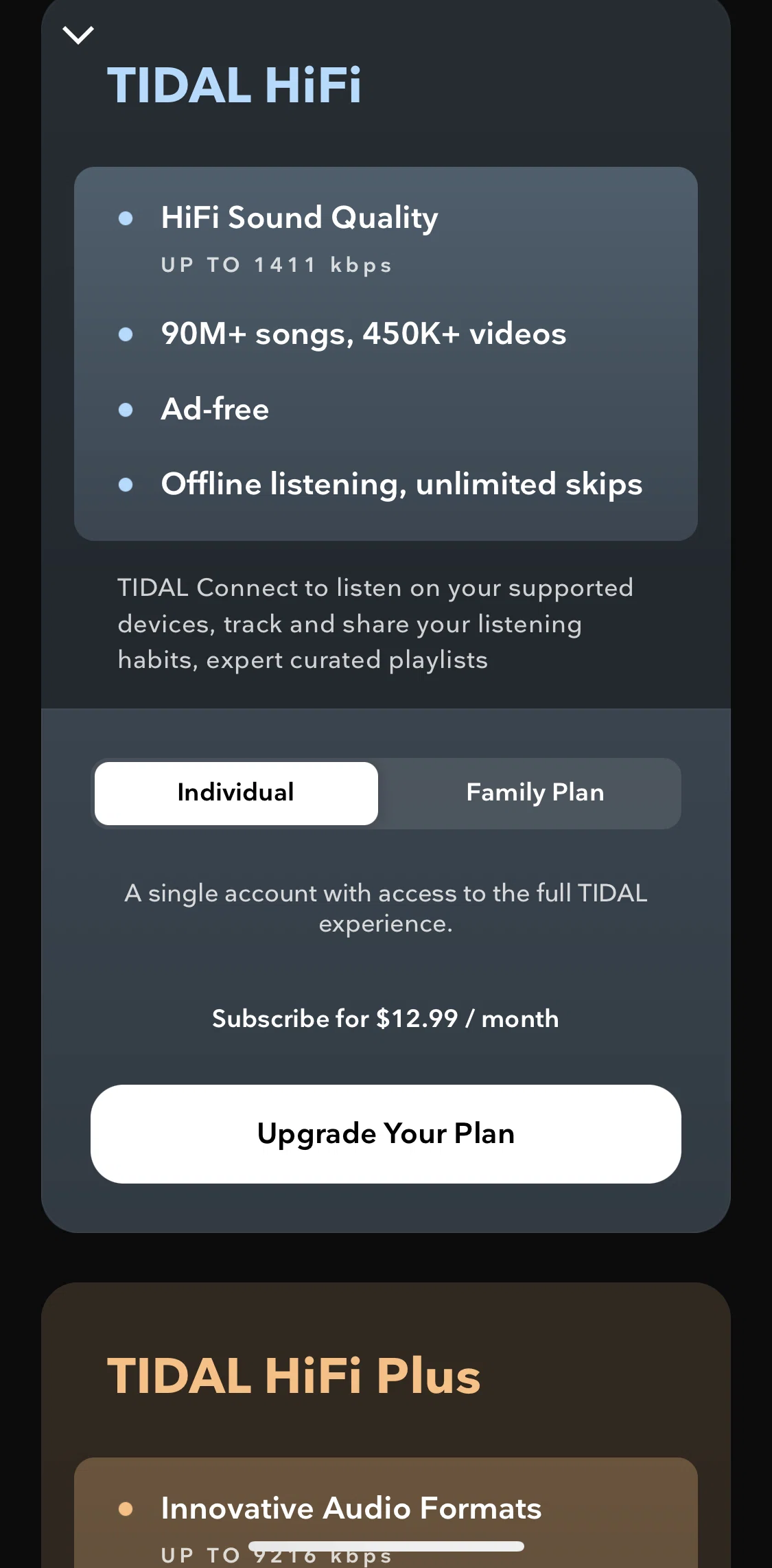 TIDAL Screen screen in the Subscribing to Tidal HiFi flow