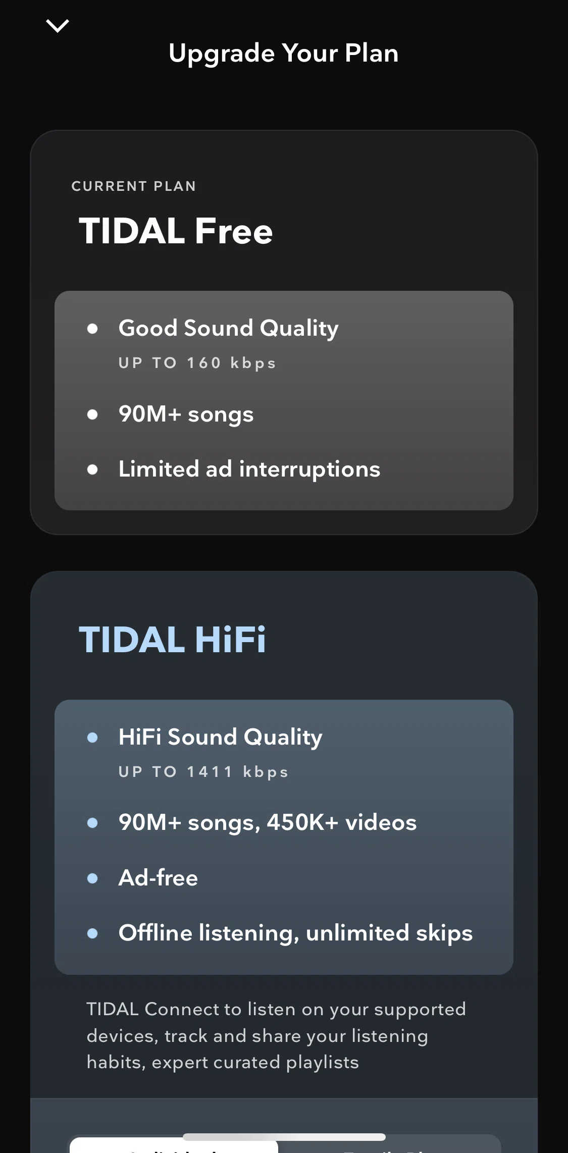 TIDAL Screen screen in the Upgrade your plan flow