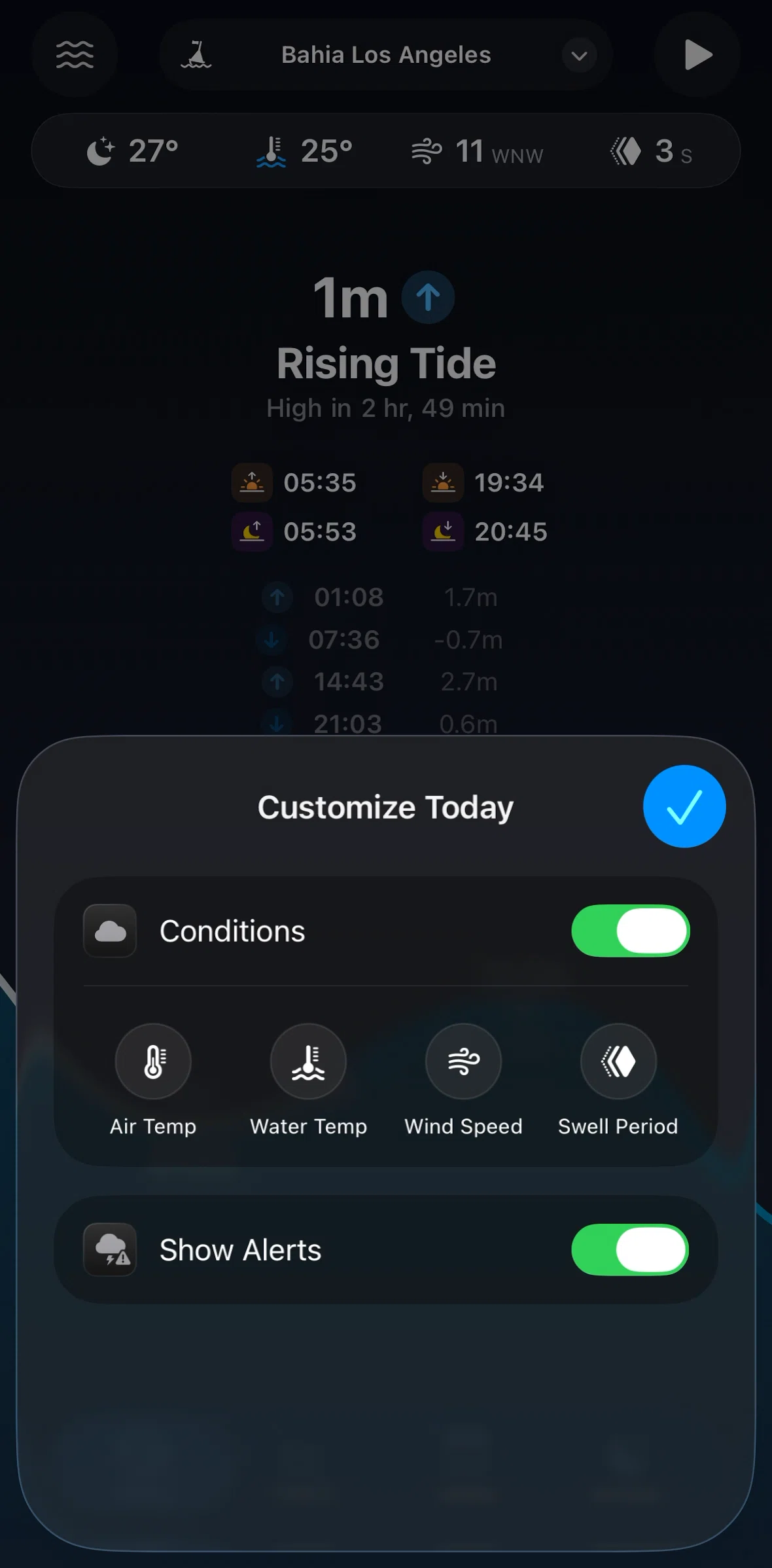 Tide Guide Screen screen in the Changing a condition flow
