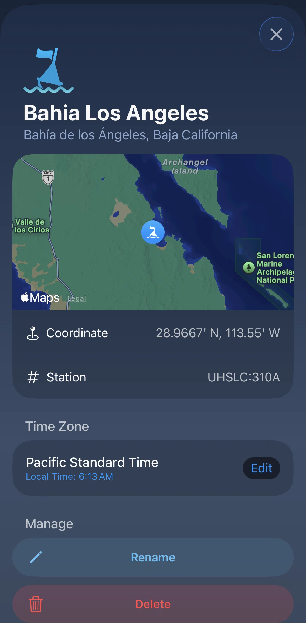 Tide Guide Screen screen in the Changing a location flow