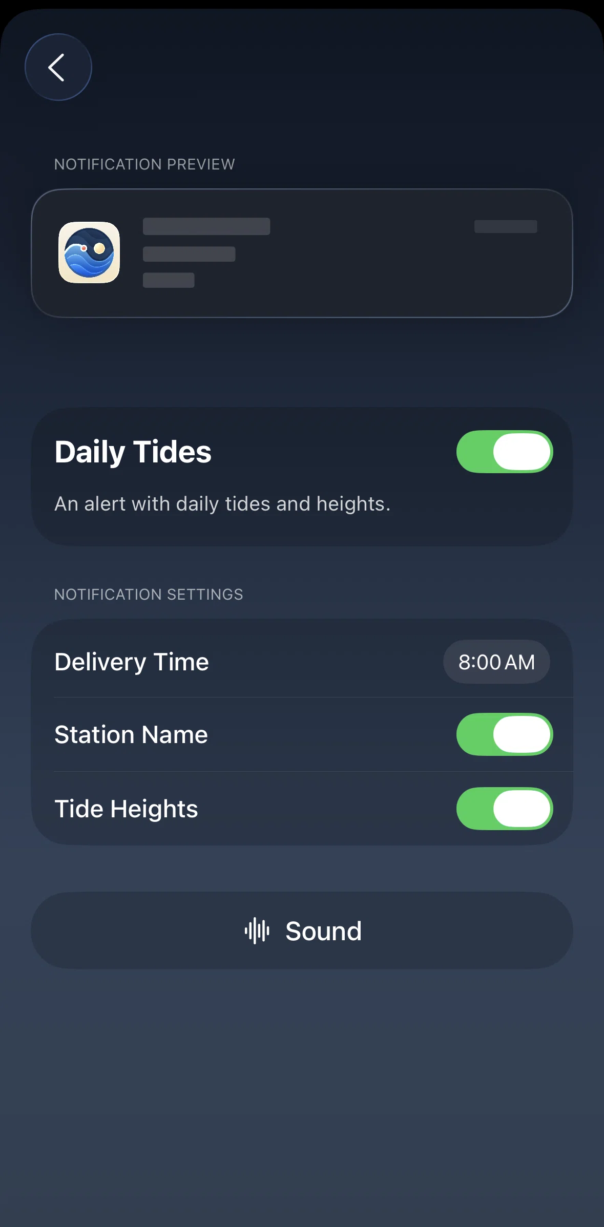 Tide Guide Screen screen in the Changing notification sound flow