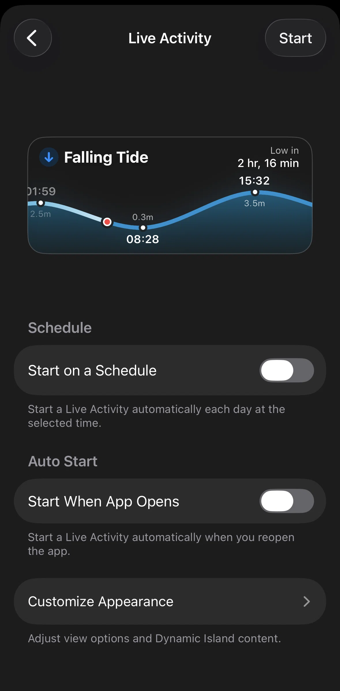 Tide Guide Screen screen in the Customizing Live Activity appearance flow