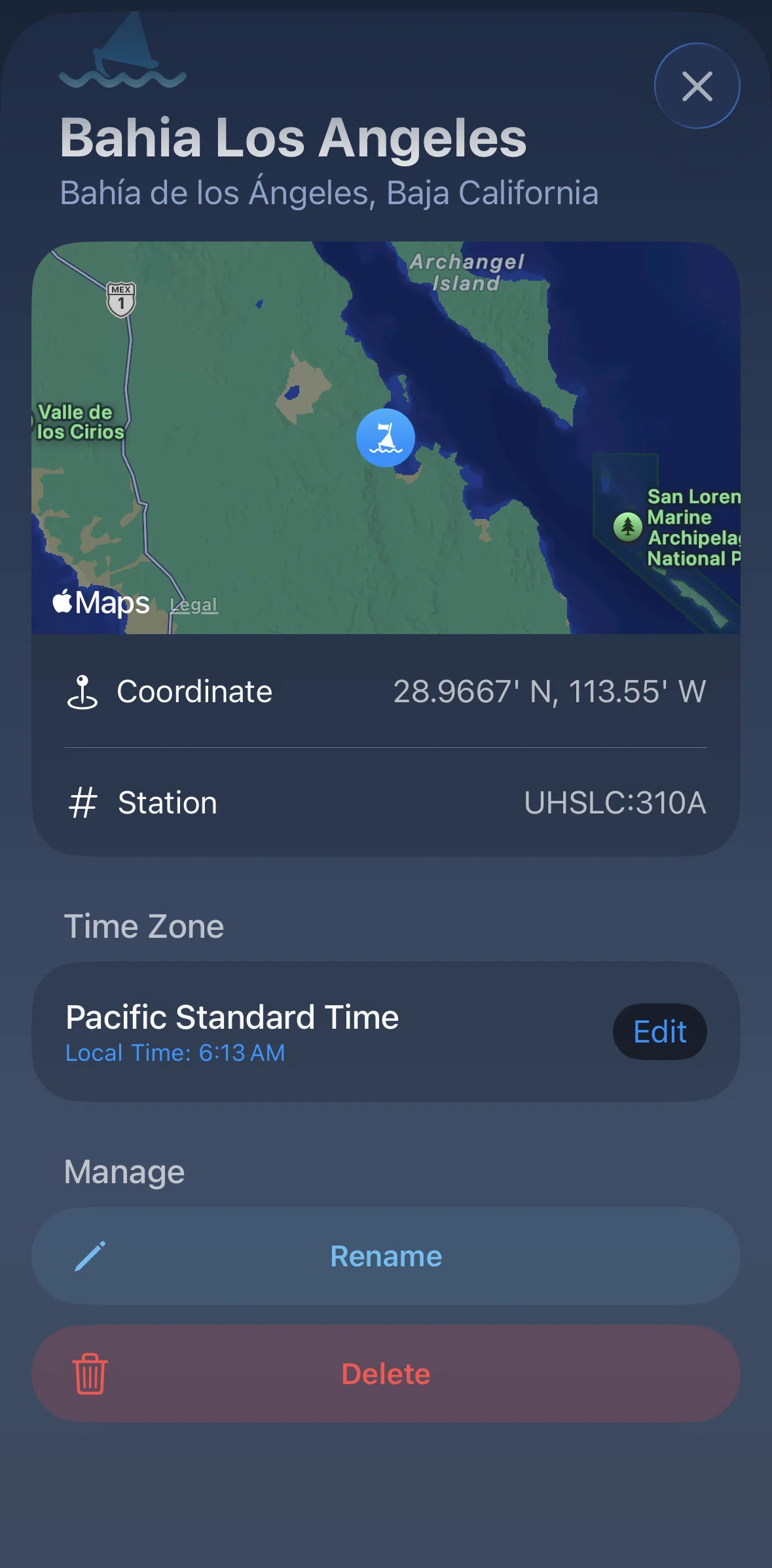 Tide Guide Screen screen in the Deleting a station flow