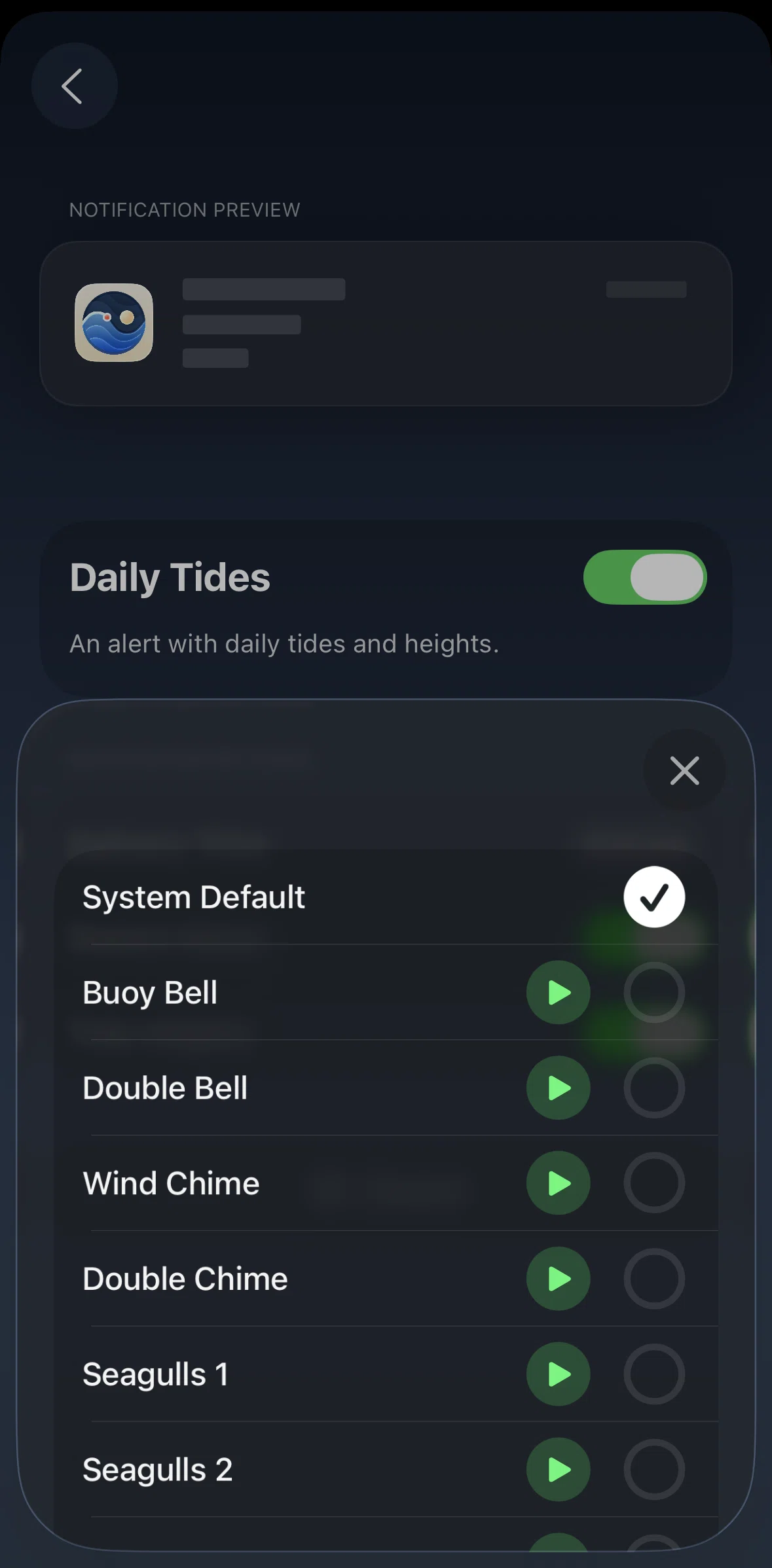 Tide Guide Screen screen in the Listening to an audio flow