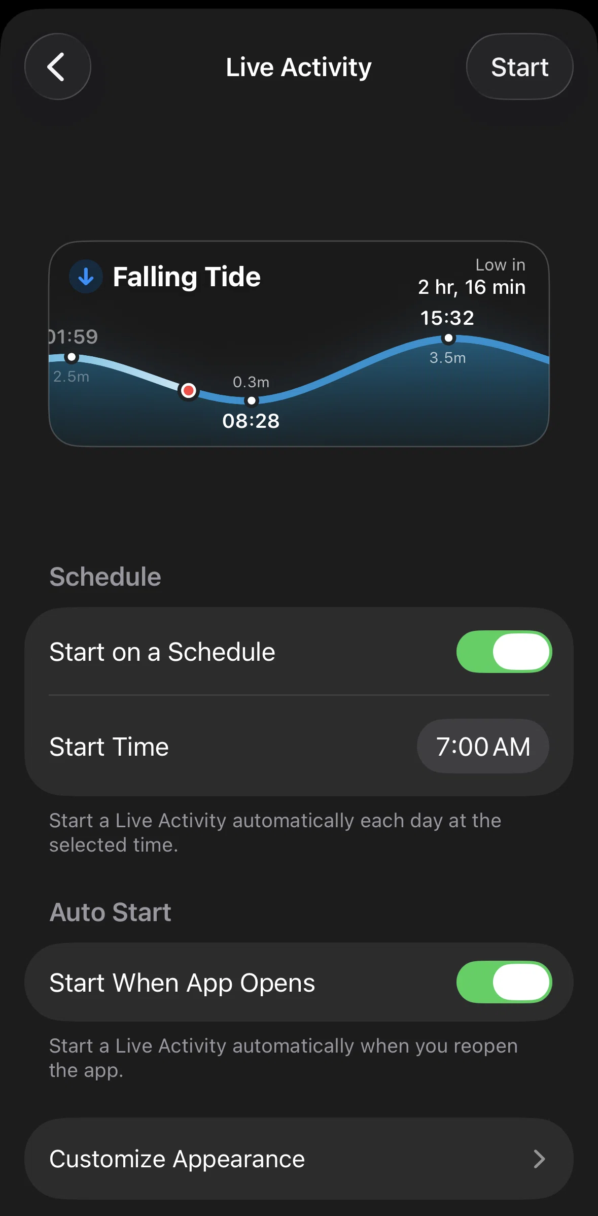Tide Guide Screen screen in the Starting live activity (settings) flow