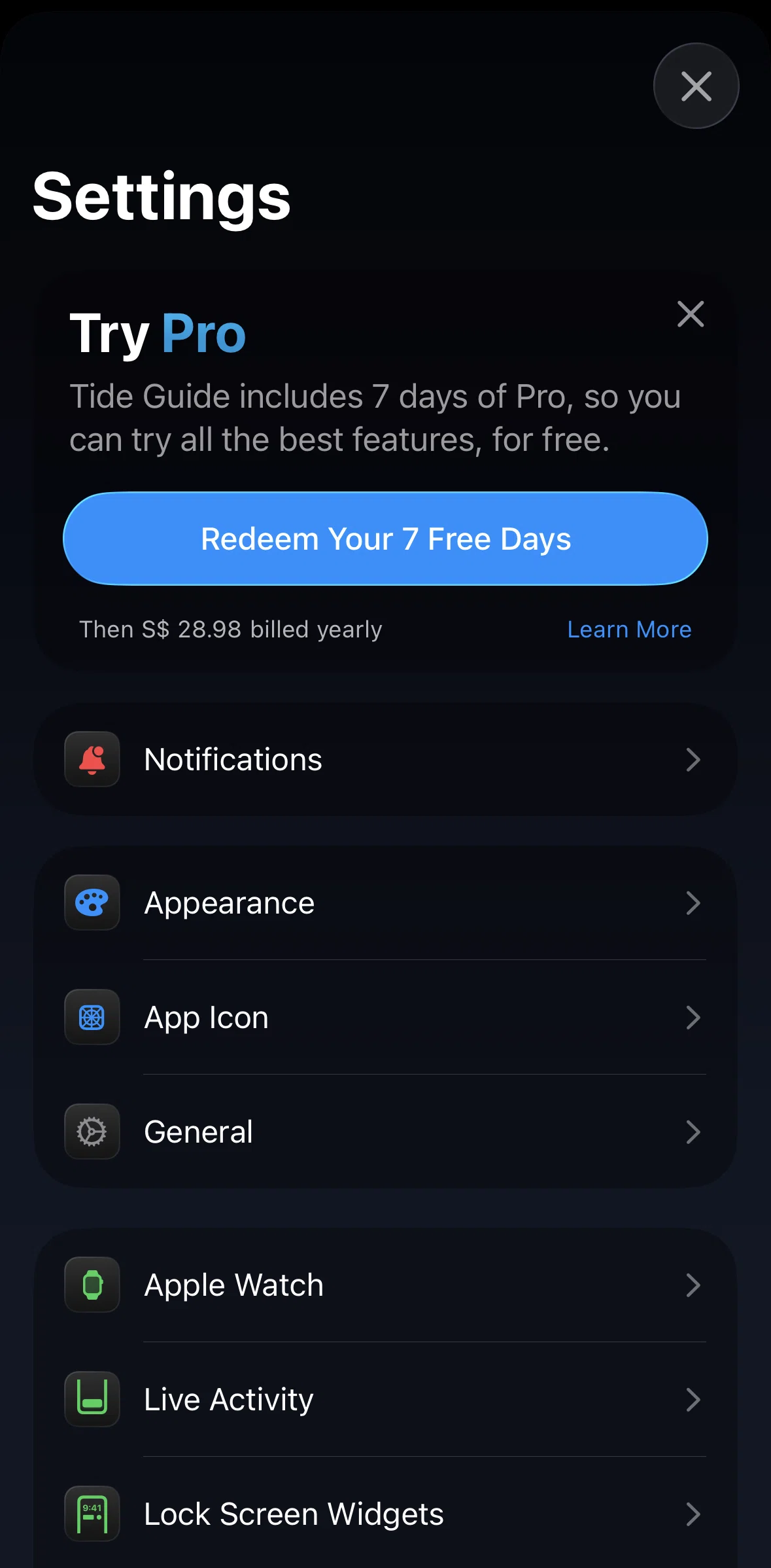 Tide Guide Screen screen in the Subscribing to Pro flow