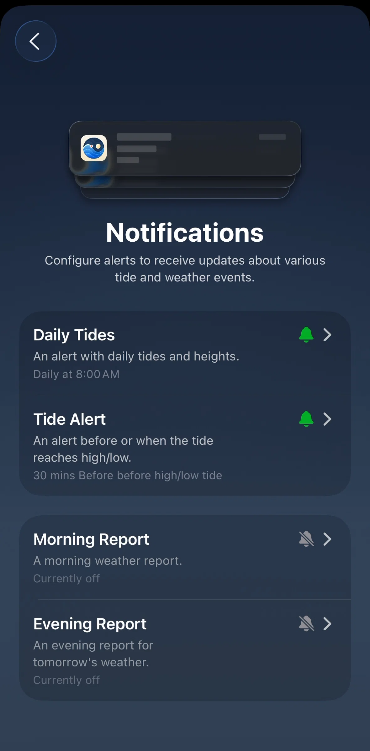 Tide Guide Screen screen in the Turning on notifications flow