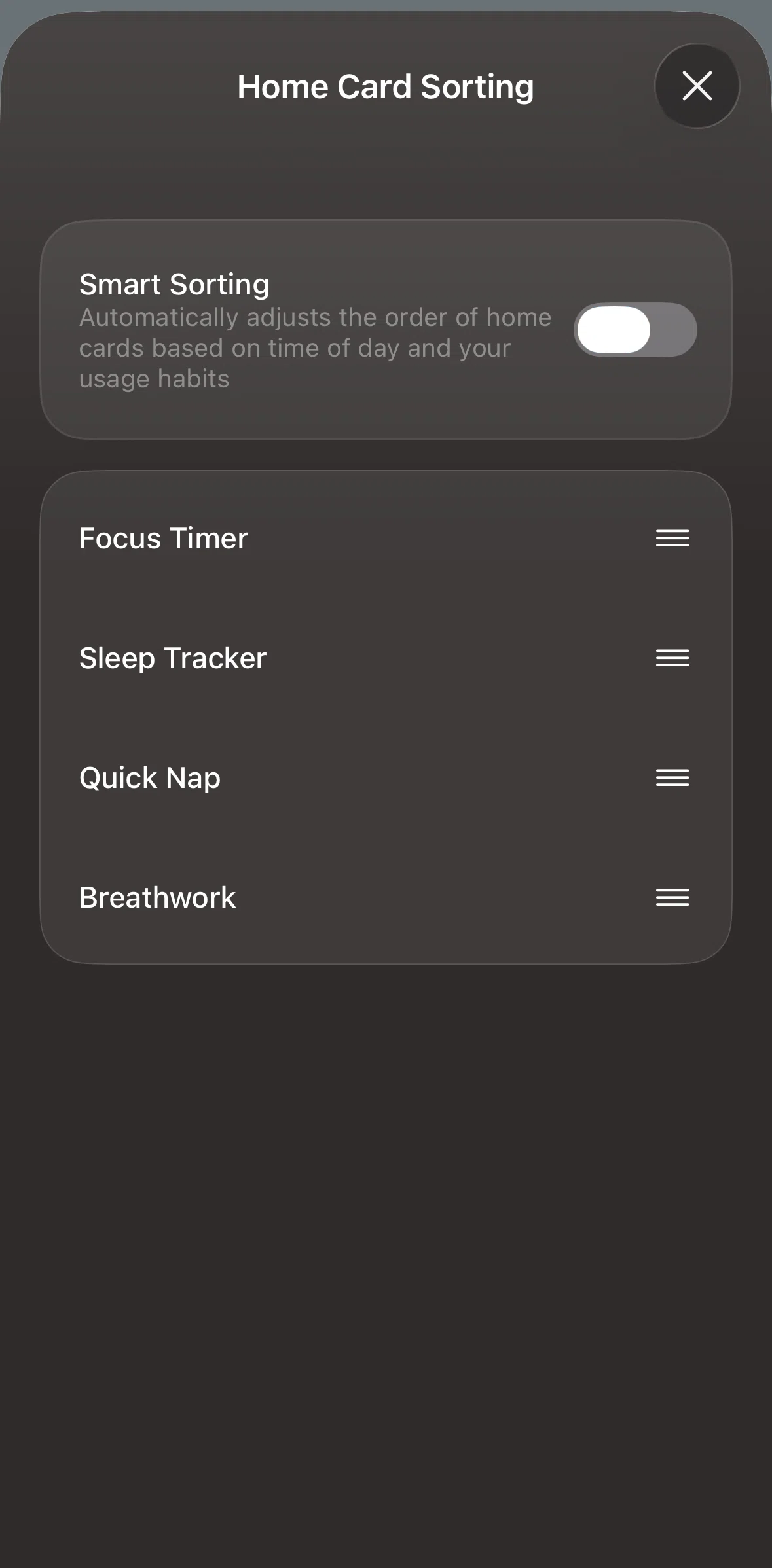 TIDE Screen screen in the Reordering home cards flow
